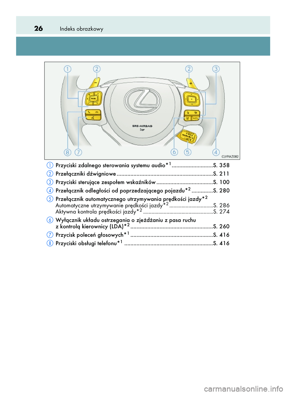 Lexus IS200t 2017  Instrukcja Obsługi (in Polish) Indeks obrazkowy26
Przyciski zdalnego sterowania systemu audio*1...........................S. 358
Prze∏àczniki dêwigniowe ...............................................................S. 211
Przy