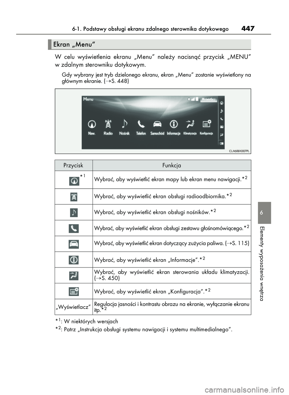 Lexus IS200t 2017  Instrukcja Obsługi (in Polish) W celu  wyÊwietlenia  ekranu  „Menu”  nale˝y  nacisnàç  przycisk  „MENU”
w zdalnym sterowniku dotykowym.
Gdy  wybrany  jest  tryb  dzielonego  ekranu,  ekran  „Menu”  zostanie  wyÊwie