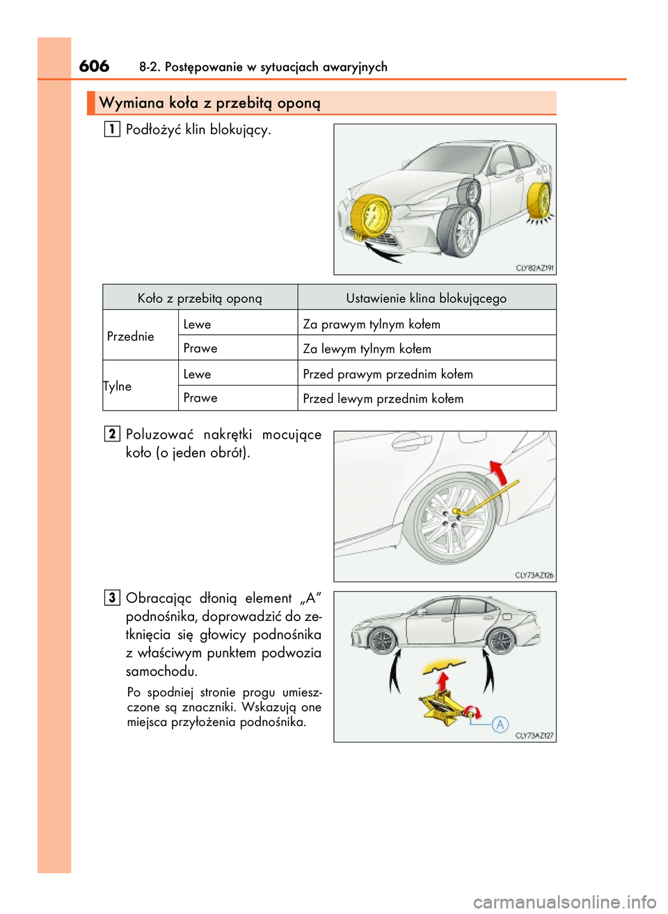 Lexus IS200t 2017  Instrukcja Obsługi (in Polish) Pod∏o˝yç klin blokujàcy.
Poluzowaç  nakr´tki  mocujàce
ko∏o (o jeden obrót).
Obracajàc  d∏onià  element  „A”
podnoÊnika, doprowadziç do ze-
tkni´cia  si´  g∏owicy  podnoÊnika