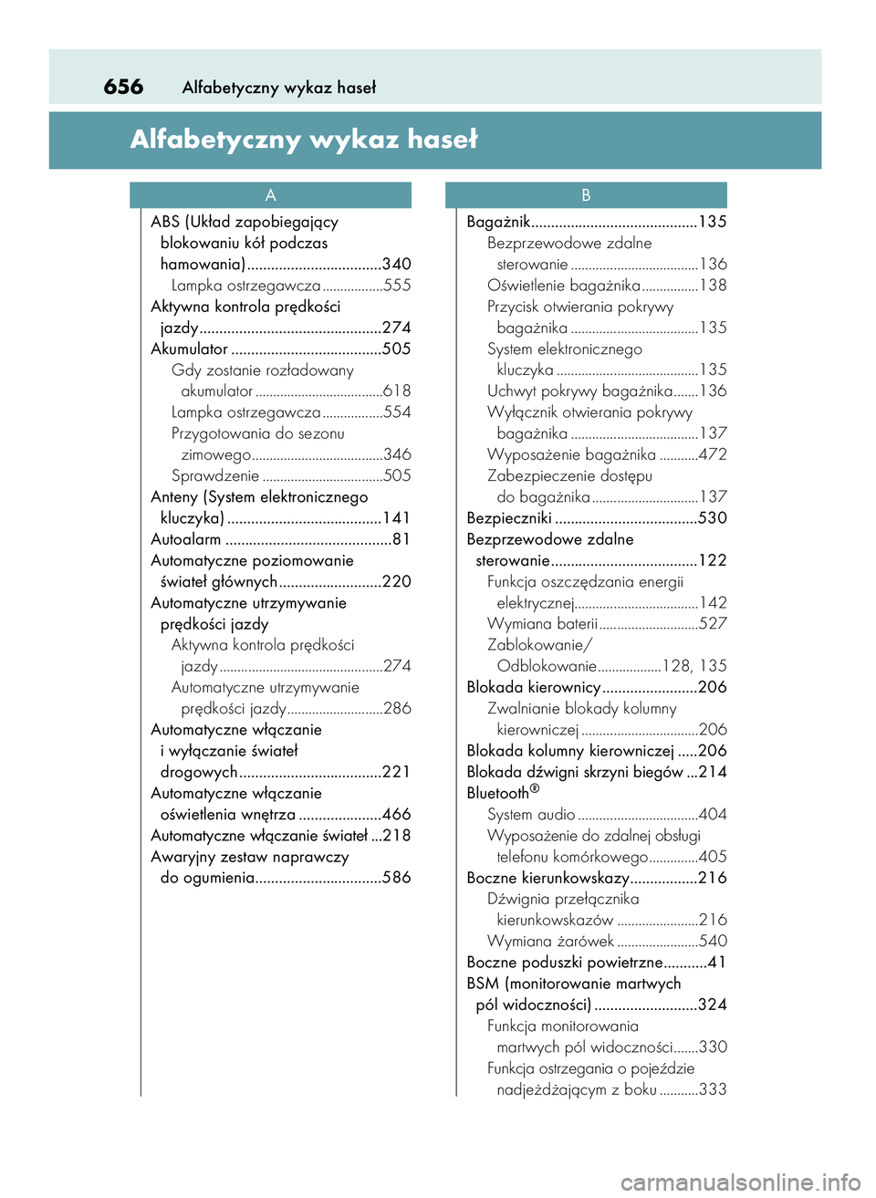 Lexus IS200t 2017  Instrukcja Obsługi (in Polish) Alfabetyczny wykaz hase∏656
Alfabetyczny wykaz hase∏
ABS (Uk∏ad zapobiegajàcy 
blokowaniu kó∏ podczas 
hamowania) ..................................340
Lampka ostrzegawcza .................5