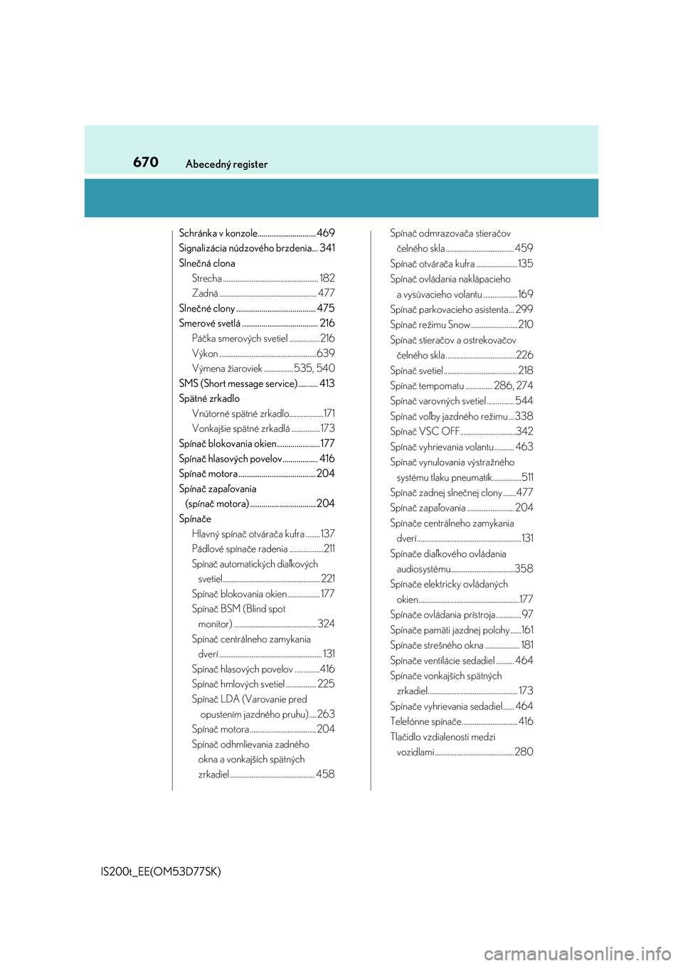 Lexus IS200t 2017  Užívateľská príručka (in Slovak) 670Abecedný register
IS200t_EE(OM53D77SK)
Schránka v konzole.............................. 469
Signalizácia núdzového brzdenia... 341
Slnečná clona
Strecha .....................................