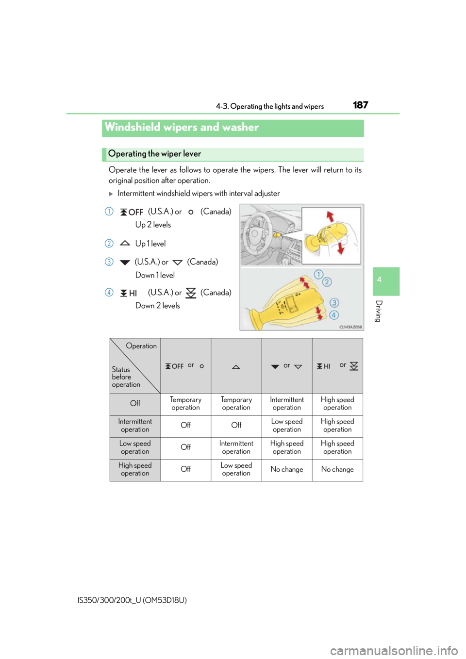 Lexus IS200t 2016  Owners Manual / LEXUS 2016 IS200T,IS300,IS350 OWNERS MANUAL (OM53D18U) 1874-3. Operating the lights and wipers
4
Driving
IS350/300/200t_U (OM53D18U)
Operate the lever as follows to operate the wipers. The lever will return to its
original position after operation.
Int