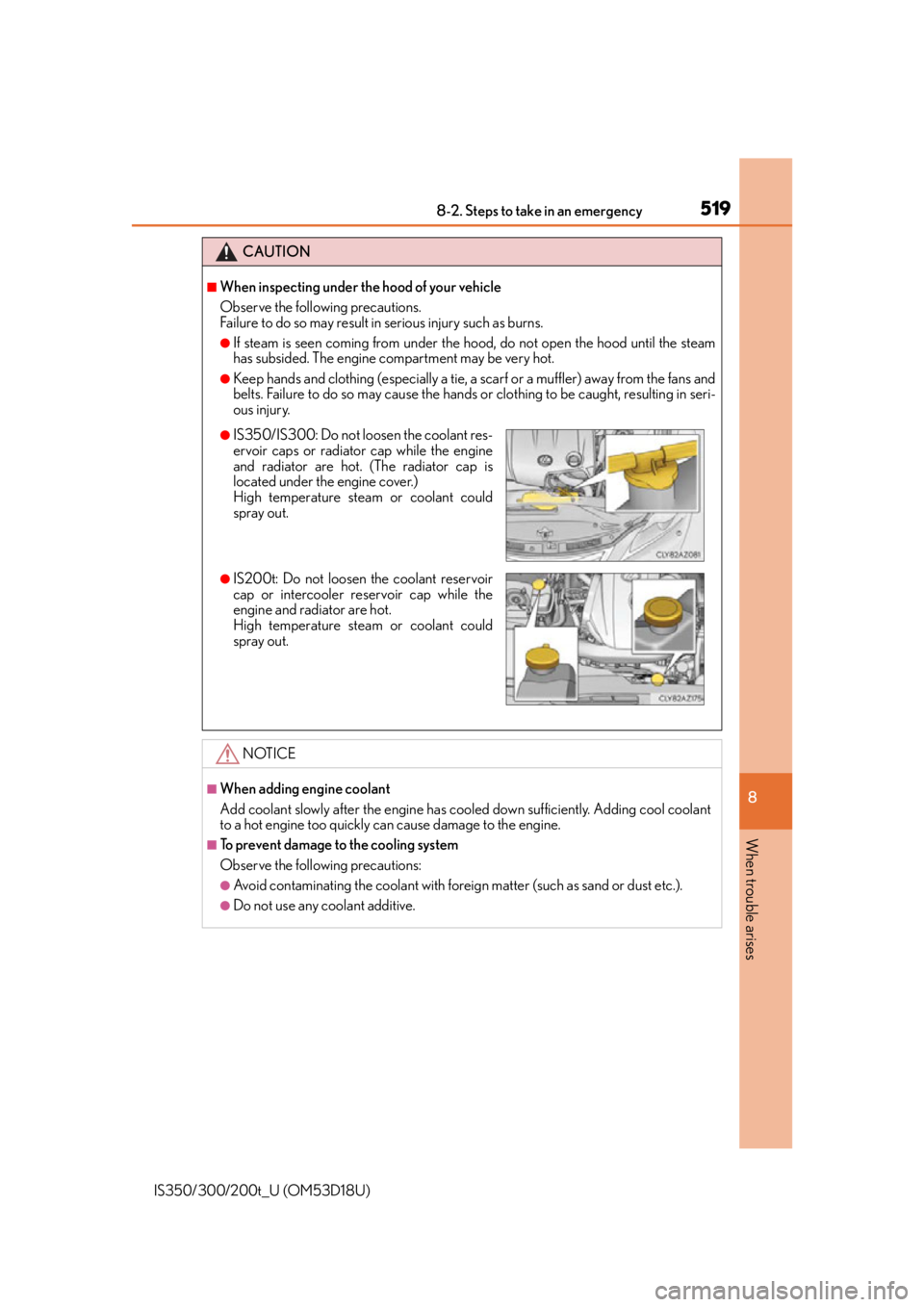 Lexus IS200t 2016  Owners Manual / LEXUS 2016 IS200T,IS300,IS350 OWNERS MANUAL (OM53D18U) 5198-2. Steps to take in an emergency
8
When trouble arises
IS350/300/200t_U (OM53D18U)
CAUTION
■When inspecting under the hood of your vehicle
Observe the following precautions. 
Failure to do so m