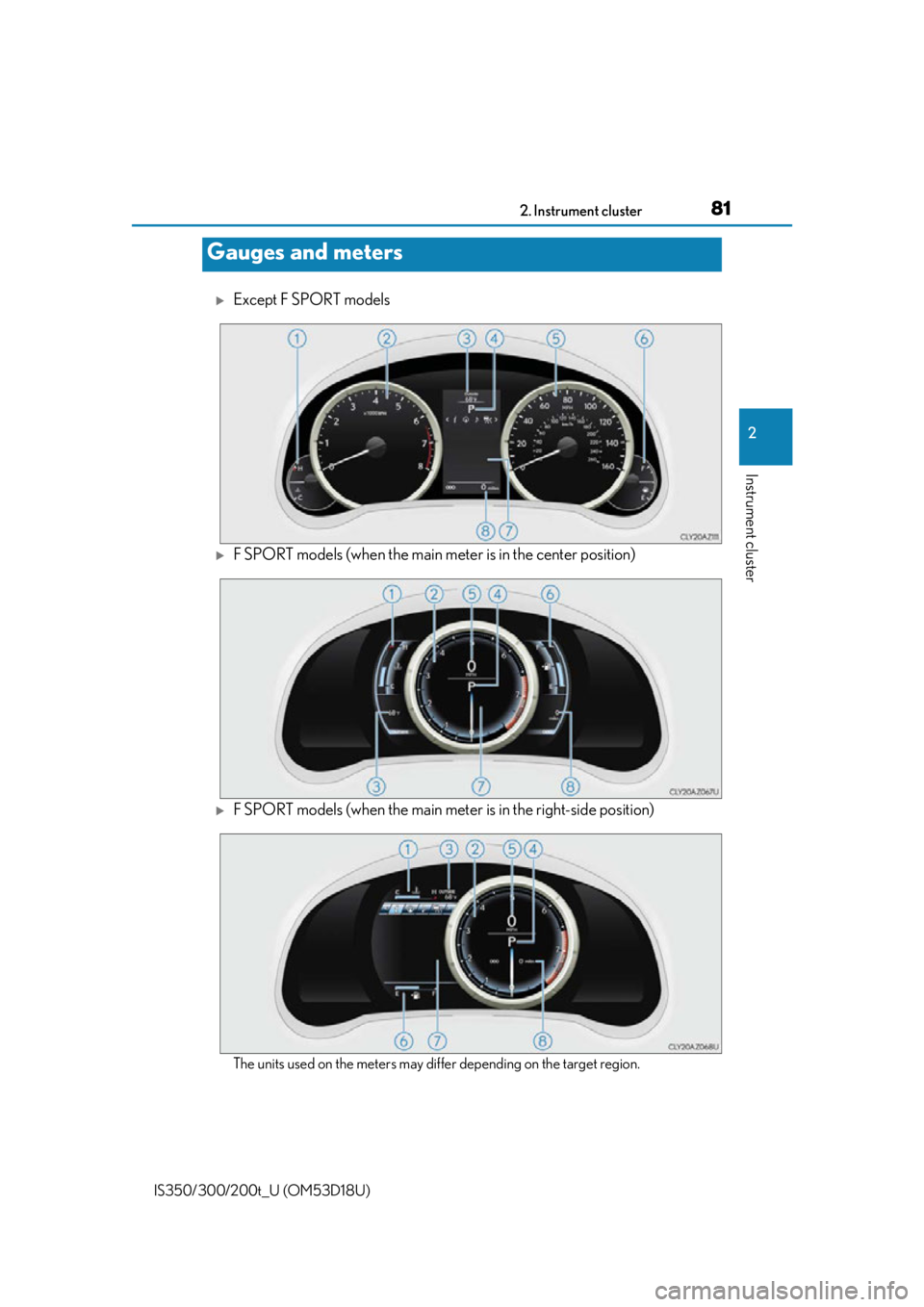 Lexus IS200t 2016 Owners Manual / LEXUS 2016 IS200T,IS300,IS350 (OM53D18U) Manual Online 812. Instrument cluster
2
Instrument cluster
IS350/300/200t_U (OM53D18U)
Except F SPORT models
F SPORT models (when the main meter is in the center position)
F SPORT models (when the main met Lexus IS200t 2016 Owners Manual / LEXUS 2016 IS200T,IS300,IS350 (OM53D18U) Manual Online 812. Instrument cluster
2
Instrument cluster
IS350/300/200t_U (OM53D18U)
Except F SPORT models
F SPORT models (when the main meter is in the center position)
F SPORT models (when the main met