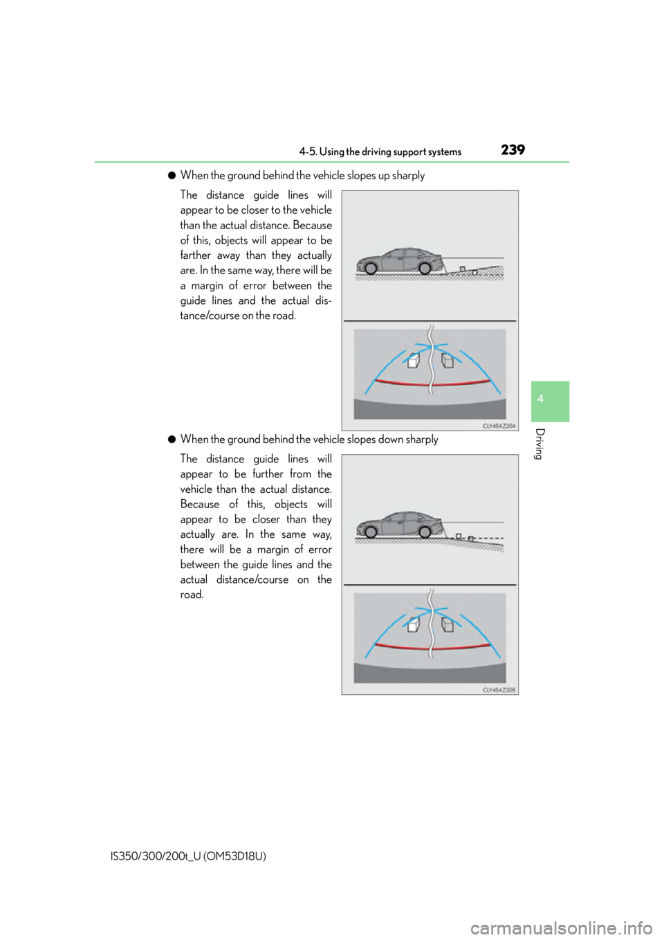 Lexus IS200t 2016  Quick Guide / LEXUS 2016 IS200T,IS300,IS350 OWNERS MANUAL (OM53D18U) 2394-5. Using the driving support systems
4
Driving
IS350/300/200t_U (OM53D18U)
●When the ground behind the vehicle slopes up sharply
The distance guide lines will
appear to be closer to the vehicle
