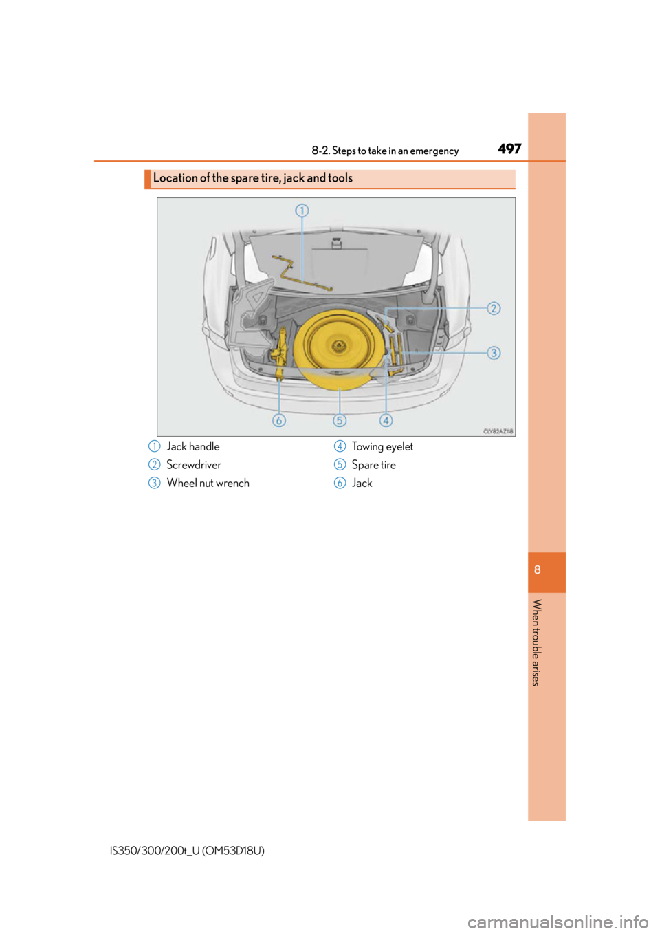 Lexus IS200t 2016 Quick Guide / LEXUS 2016 IS200T,IS300,IS350 OWNERS MANUAL (OM53D18U) 4978-2. Steps to take in an emergency
8
When trouble arises
IS350/300/200t_U (OM53D18U)
Location of the spare tire, jack and tools
Jack handle
Screwdriver
Wheel nut wrenchTowing eyelet
Spare tire
Jack Lexus IS200t 2016 Quick Guide / LEXUS 2016 IS200T,IS300,IS350 OWNERS MANUAL (OM53D18U) 4978-2. Steps to take in an emergency
8
When trouble arises
IS350/300/200t_U (OM53D18U)
Location of the spare tire, jack and tools
Jack handle
Screwdriver
Wheel nut wrenchTowing eyelet
Spare tire
Jack