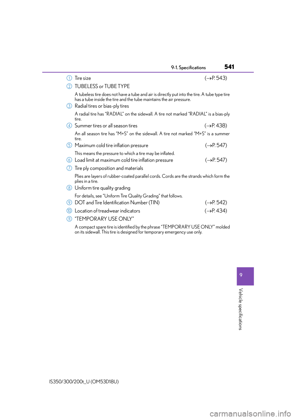 Lexus IS200t 2016  Quick Guide / LEXUS 2016 IS200T,IS300,IS350 OWNERS MANUAL (OM53D18U) 5419-1. Specifications
9
Vehicle specifications
IS350/300/200t_U (OM53D18U)
Ti r e  s i z e ( P.  5 4 3 )
TUBELESS or TUBE TYPE
A tubeless tire does not have a tube and air is  directly put into th
