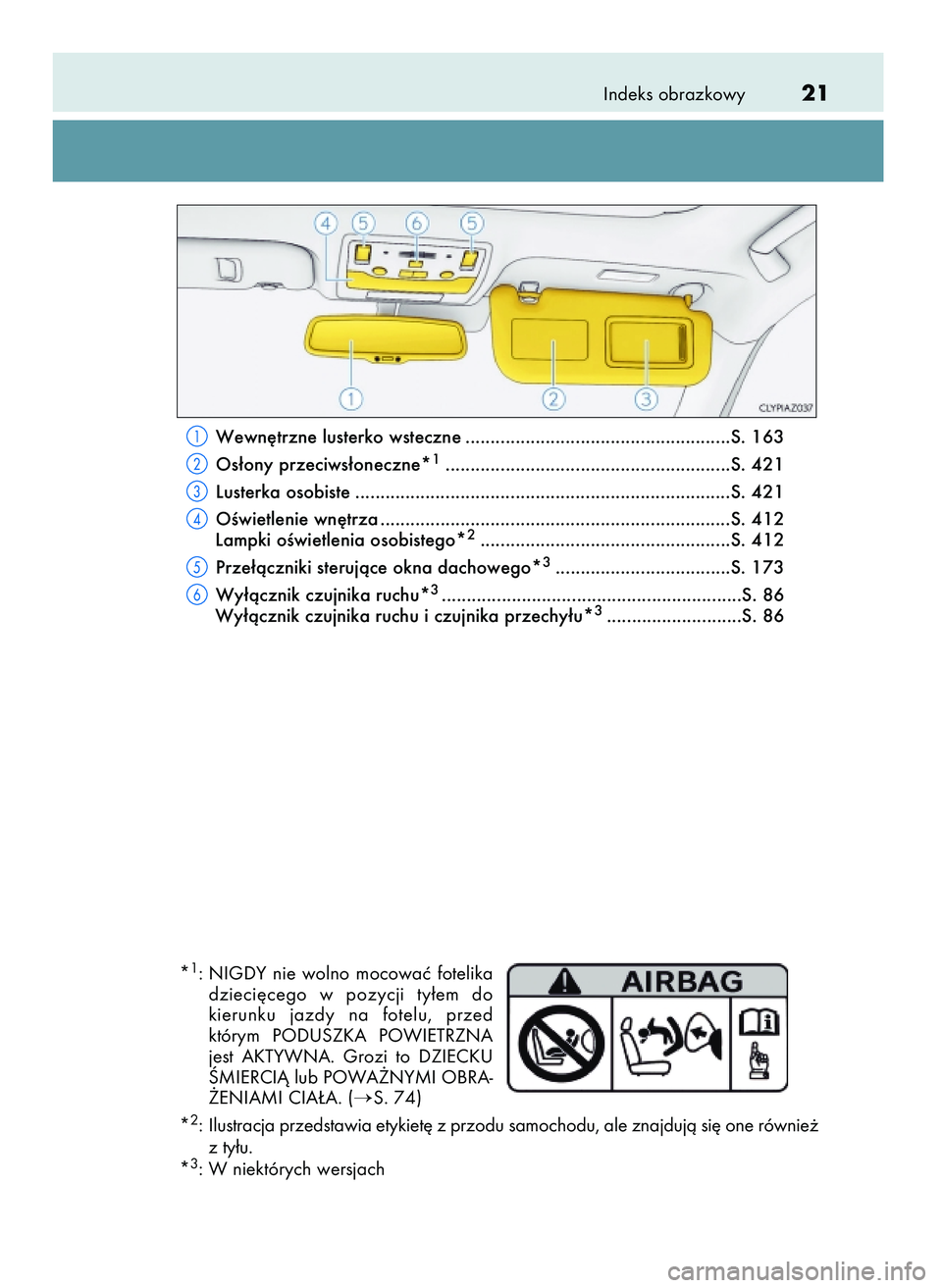 Lexus IS200t 2016 Instrukcja Obsługi (in Polish) Indeks obrazkowy21
Wewn´trzne lusterko wsteczne .....................................................S. 163
Os∏ony przeciws∏oneczne*
1.........................................................S. 4 Lexus IS200t 2016 Instrukcja Obsługi (in Polish) Indeks obrazkowy21
Wewn´trzne lusterko wsteczne .....................................................S. 163
Os∏ony przeciws∏oneczne*
1.........................................................S. 4