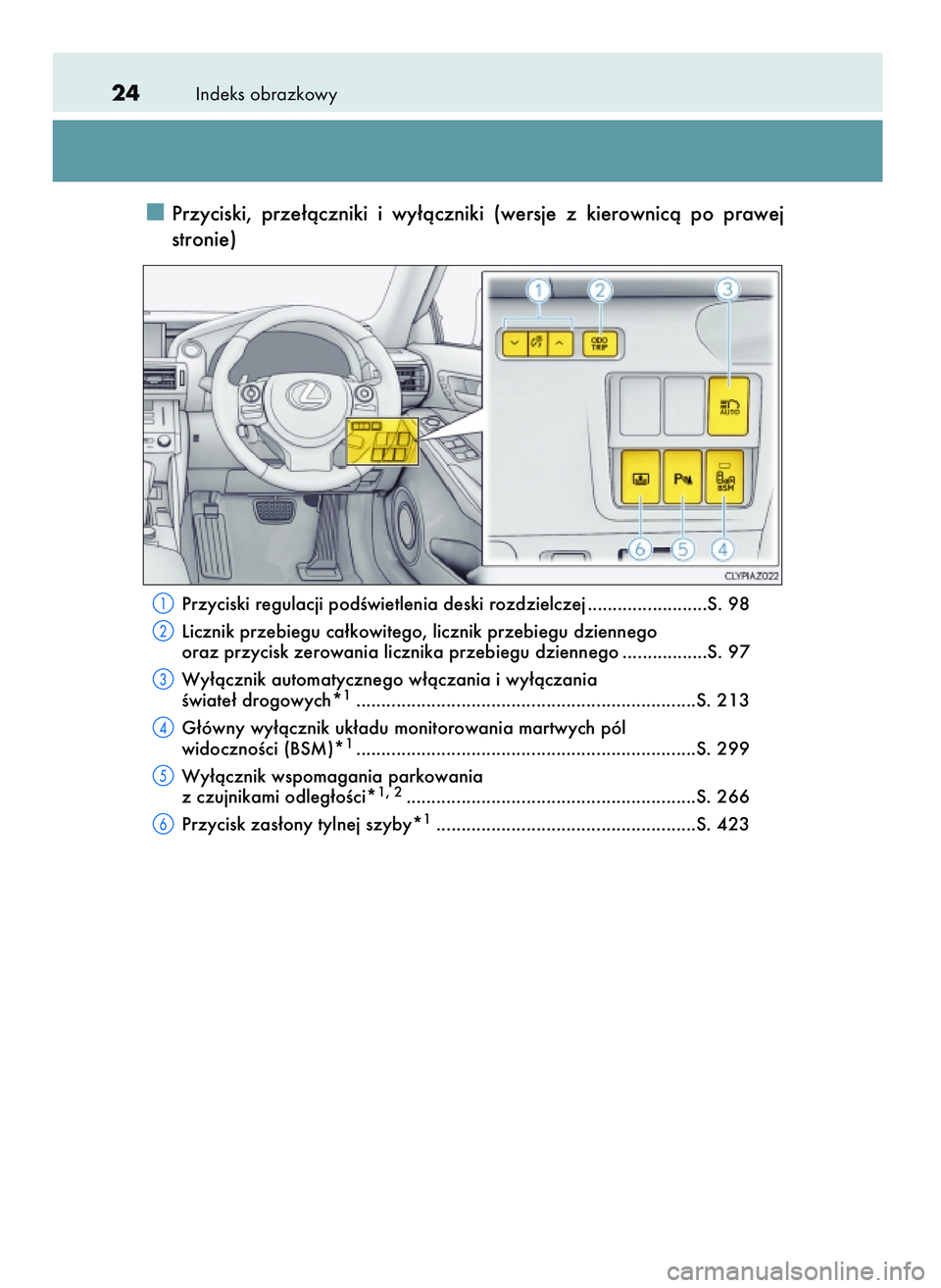 Lexus IS200t 2016  Instrukcja Obsługi (in Polish) Indeks obrazkowy24
Przyciski,  prze∏àczniki  i wy∏àczniki  (wersje  z kierownicà  po  prawej
stronie)
Przyciski regulacji podÊwietlenia deski rozdzielczej ........................S. 98
Licznik