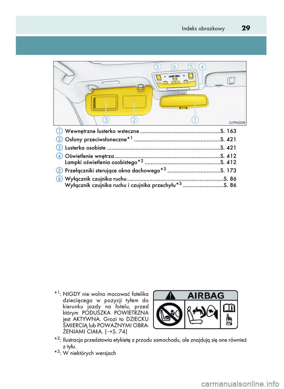 Lexus IS200t 2016 Instrukcja Obsługi (in Polish) Indeks obrazkowy29
Wewn´trzne lusterko wsteczne .....................................................S. 163
Os∏ony przeciws∏oneczne*
1.........................................................S. 4 Lexus IS200t 2016 Instrukcja Obsługi (in Polish) Indeks obrazkowy29
Wewn´trzne lusterko wsteczne .....................................................S. 163
Os∏ony przeciws∏oneczne*
1.........................................................S. 4