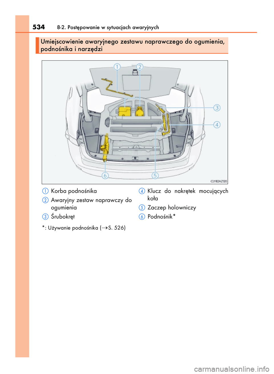 Lexus IS200t 2016  Instrukcja Obsługi (in Polish) 5348-2. Post´powanie w sytuacjach awaryjnych
Korba podnoÊnika
Awaryjny  zestaw  naprawczy  do
ogumienia
Ârubokr´t
*: U˝ywanie podnoÊnika (S. 526)
Klucz  do  nakr´tek  mocujàcych
ko∏a
Zaczep