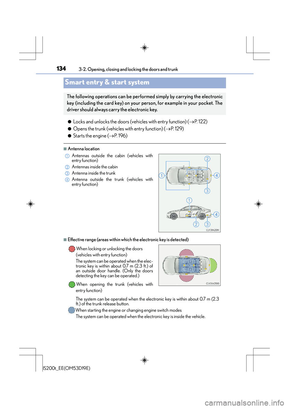 Lexus IS200t 2015 Owners Guide 1343-2. Opening, closing and locking the doors and trunk
IS200t_EE(OM53D19E)
●Locks and unlocks the doors (vehicles with entry function) (→P. 122)
●Opens the trunk (vehicles with entry function) Lexus IS200t 2015 Owners Guide 1343-2. Opening, closing and locking the doors and trunk
IS200t_EE(OM53D19E)
●Locks and unlocks the doors (vehicles with entry function) (→P. 122)
●Opens the trunk (vehicles with entry function)