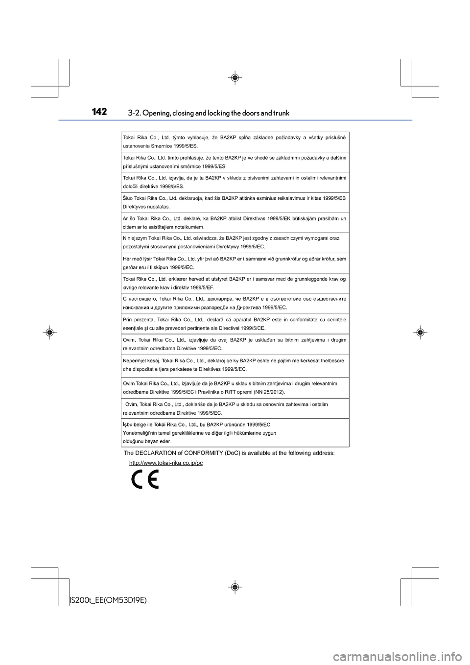 Lexus IS200t 2015  Owners Manual 1423-2. Opening, closing and locking the doors and trunk
IS200t_EE(OM53D19E) 