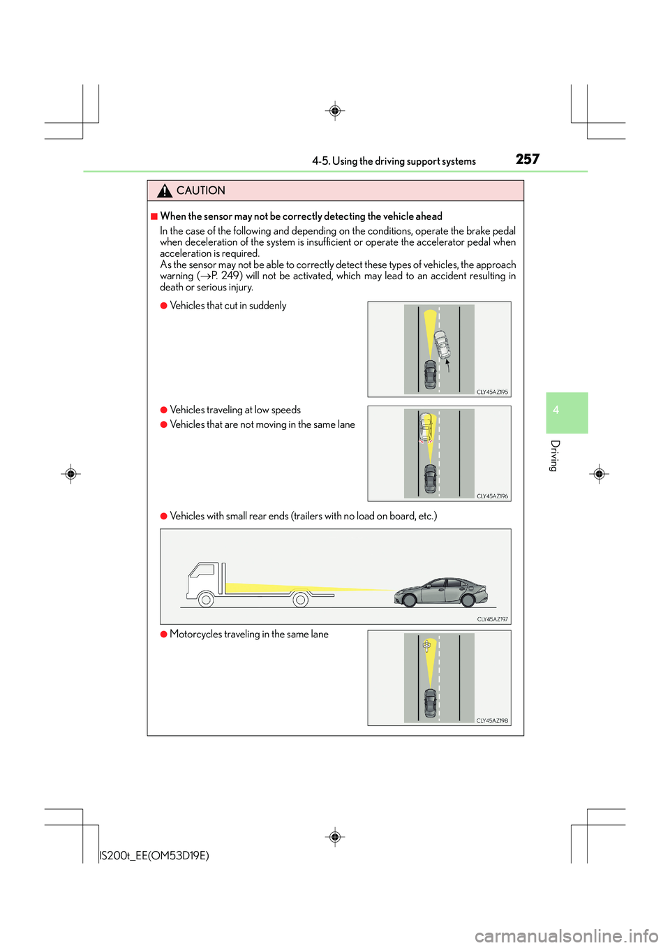 Lexus IS200t 2015 Owners Guide 2574-5. Using the driving support systems
4
Driving
IS200t_EE(OM53D19E)
CAUTION
■When the sensor may not be correctly detecting the vehicle ahead
In the case of the following and depending on the co Lexus IS200t 2015 Owners Guide 2574-5. Using the driving support systems
4
Driving
IS200t_EE(OM53D19E)
CAUTION
■When the sensor may not be correctly detecting the vehicle ahead
In the case of the following and depending on the co