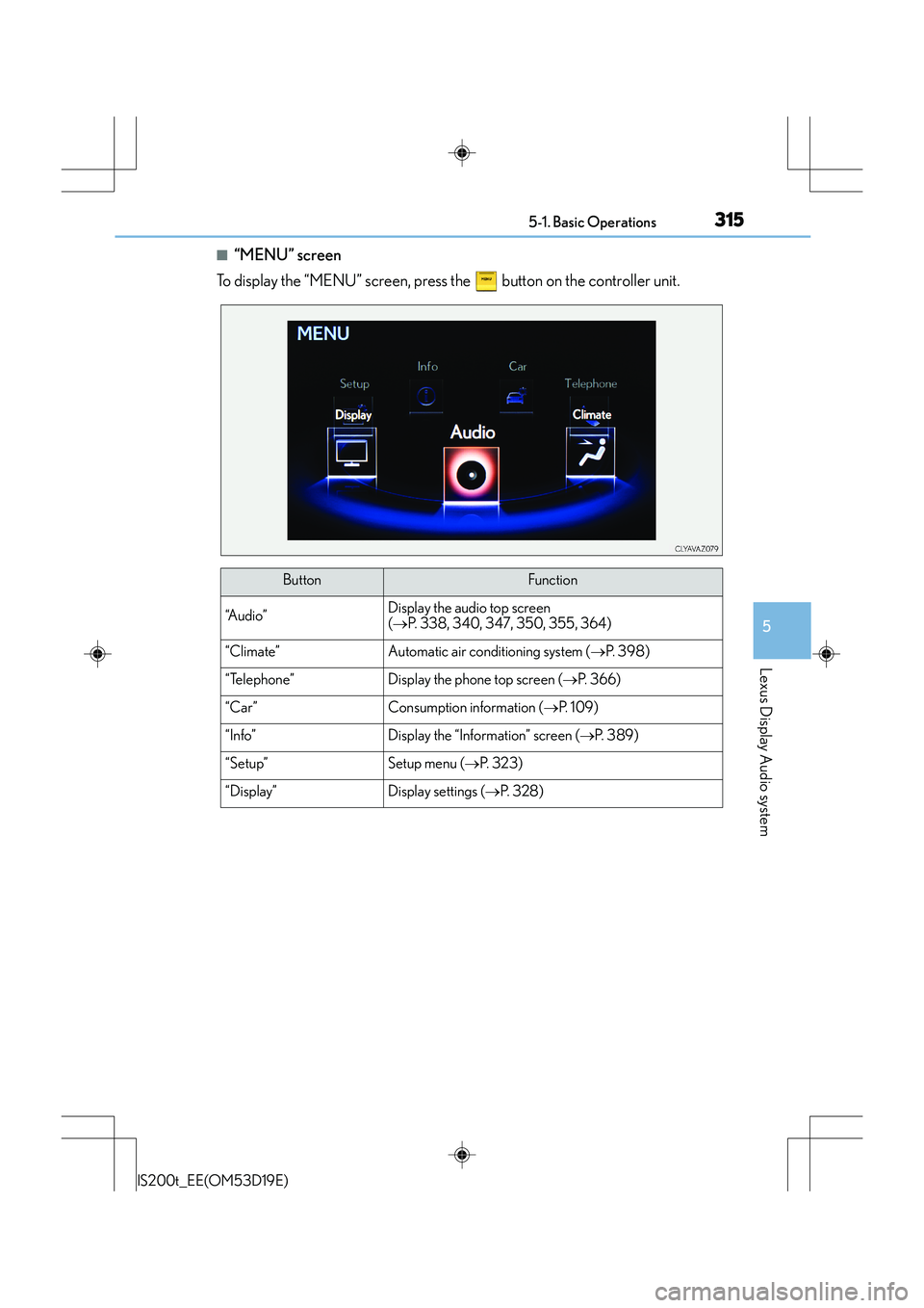 Lexus IS200t 2015 Manual PDF 3155-1. Basic Operations
5
Lexus Display Audio system
IS200t_EE(OM53D19E)
■“MENU” screen
To display the “MENU” screen, press the button on the controller unit.
ButtonFunction
“A u d i o Lexus IS200t 2015 Manual PDF 3155-1. Basic Operations
5
Lexus Display Audio system
IS200t_EE(OM53D19E)
■“MENU” screen
To display the “MENU” screen, press the button on the controller unit.
ButtonFunction
“A u d i o