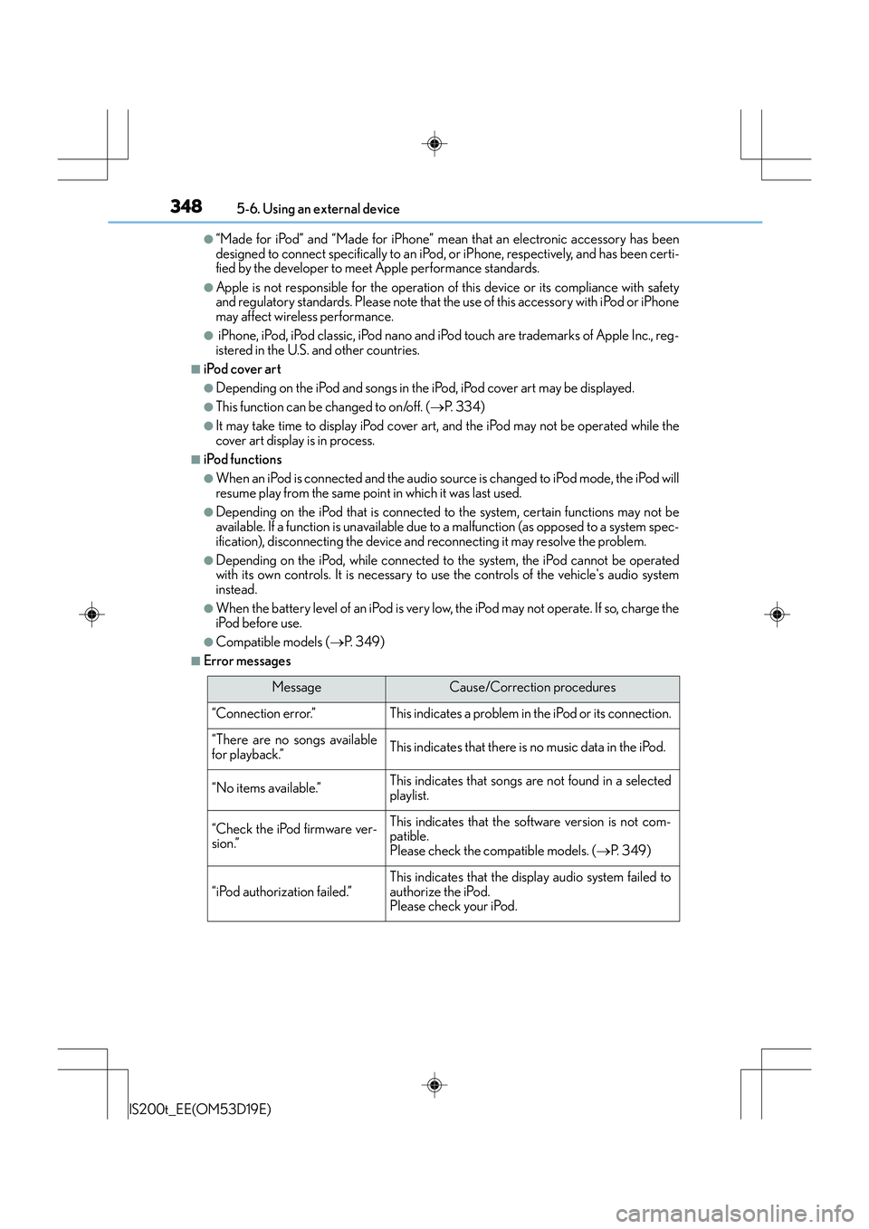Lexus IS200t 2015 Owners Manual 3485-6. Using an external device
IS200t_EE(OM53D19E)
●“Made for iPod” and “Made for iPhone” mean that an electronic accessory has been
designed to connect specifically to an iPod, or iPhone, Lexus IS200t 2015 Owners Manual 3485-6. Using an external device
IS200t_EE(OM53D19E)
●“Made for iPod” and “Made for iPhone” mean that an electronic accessory has been
designed to connect specifically to an iPod, or iPhone,