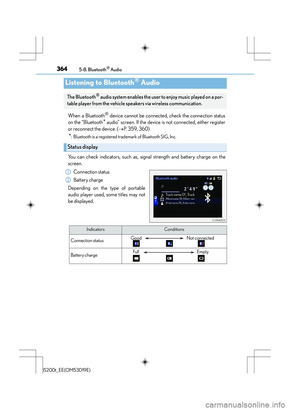 Lexus IS200t 2015 User Guide 364
IS200t_EE(OM53D19E)5-8. Bluetooth
® Audio
When a Bluetooth® device cannot be connected, check the connection status
on the “Bluetooth
* audio” screen. If the device is not connected, either Lexus IS200t 2015 User Guide 364
IS200t_EE(OM53D19E)5-8. Bluetooth
® Audio
When a Bluetooth® device cannot be connected, check the connection status
on the “Bluetooth
* audio” screen. If the device is not connected, either