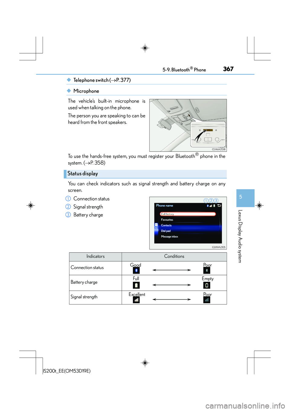 Lexus IS200t 2015 User Guide 3675-9. Bluetooth® Phone
5
Lexus Display Audio system
IS200t_EE(OM53D19E)
◆Te l e p h o n e s w i t c h (→P. 3 7 7 )
◆Microphone
The vehicle’s built-in microphone is
used when talking on t Lexus IS200t 2015 User Guide 3675-9. Bluetooth® Phone
5
Lexus Display Audio system
IS200t_EE(OM53D19E)
◆Te l e p h o n e s w i t c h (→P. 3 7 7 )
◆Microphone
The vehicle’s built-in microphone is
used when talking on t