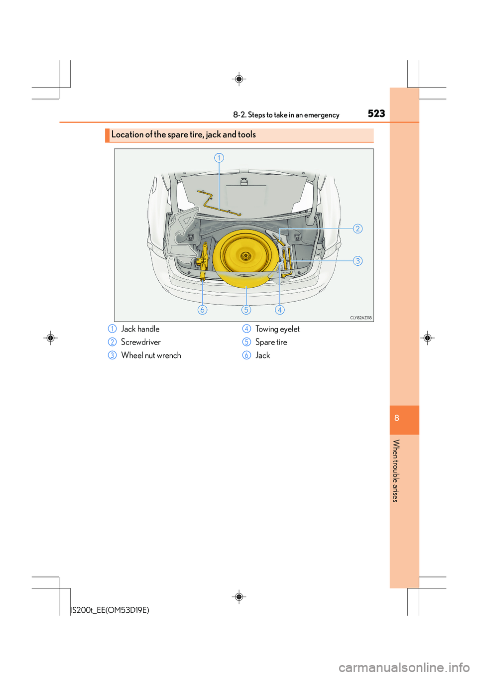 Lexus IS200t 2015 Workshop Manual 5238-2. Steps to take in an emergency
8
When trouble arises
IS200t_EE(OM53D19E)
Location of the spare tire, jack and tools
Jack handle
Screwdriver
Wheel nut wrenchTowing eyelet
Spare tire
Jack1
2
3
4
