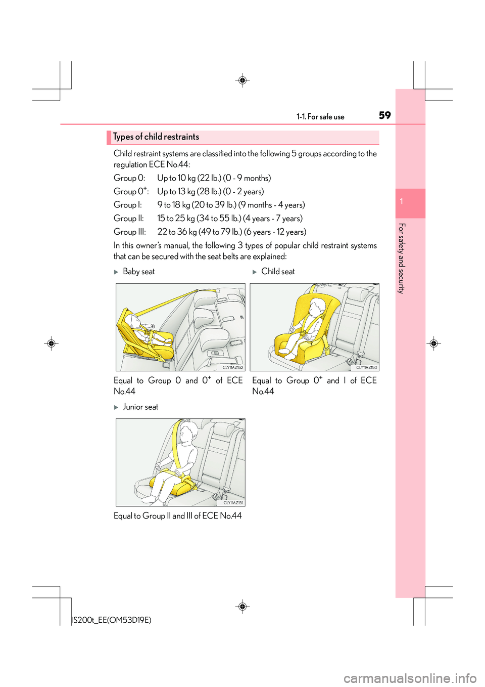 Lexus IS200t 2015 Workshop Manual 591-1. For safe use
1
For safety and security
IS200t_EE(OM53D19E)
Child restraint systems are classified into the following 5 groups according to the
regulation ECE No.44:
Group 0: Up to 10 kg (22 lb.