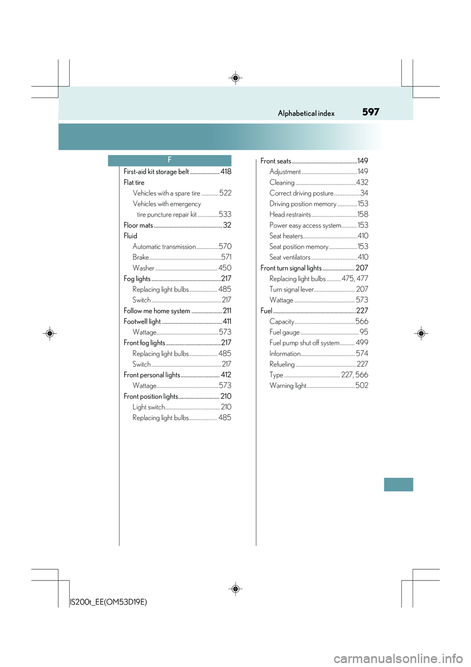 Lexus IS200t 2015  Owners Manual 597Alphabetical index
IS200t_EE(OM53D19E)
First-aid kit storage belt ...................... 418
Flat tireVehicles with a spare tire .............. 522
Vehicles with emergency tire puncture repair kit 