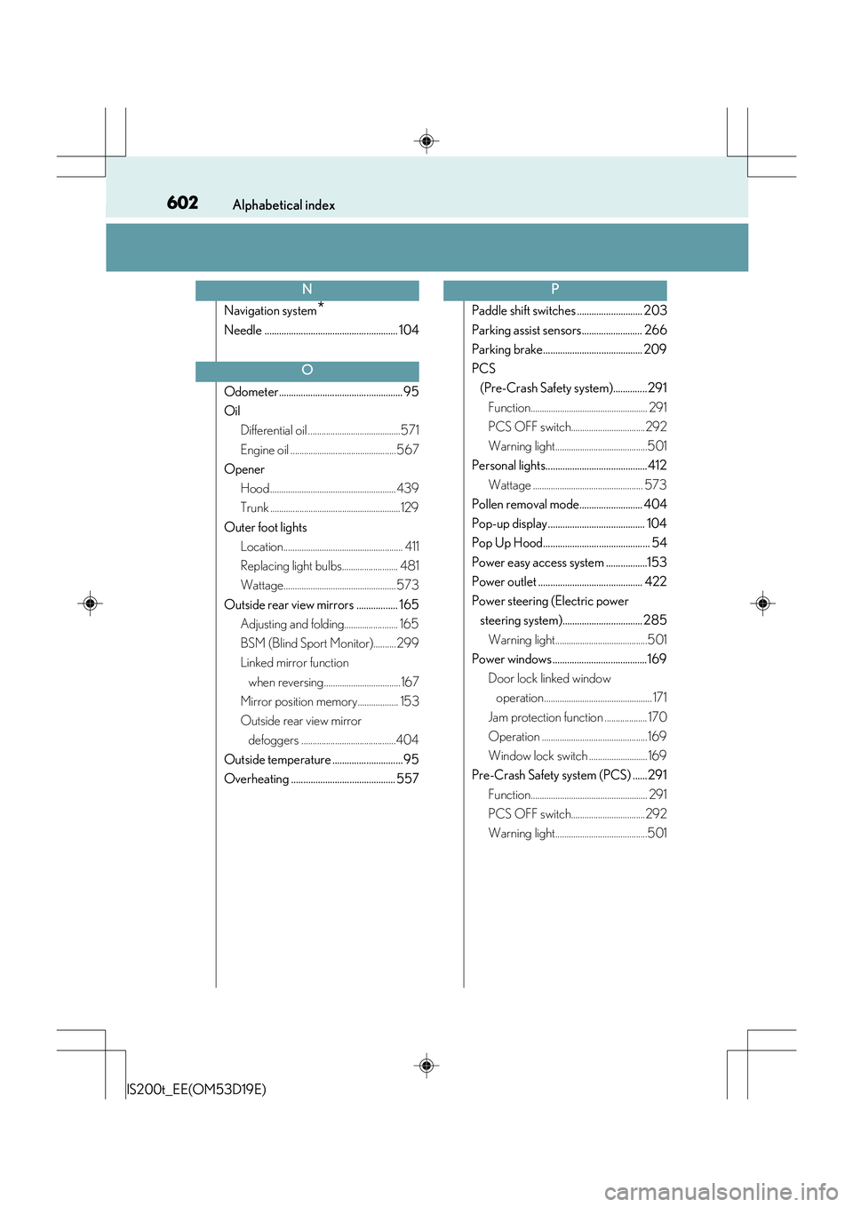 Lexus IS200t 2015  Owners Manual 602Alphabetical index
IS200t_EE(OM53D19E)
Navigation system*
Needle ....................................................... 104
Odometer................................................... 95
OilDiffer