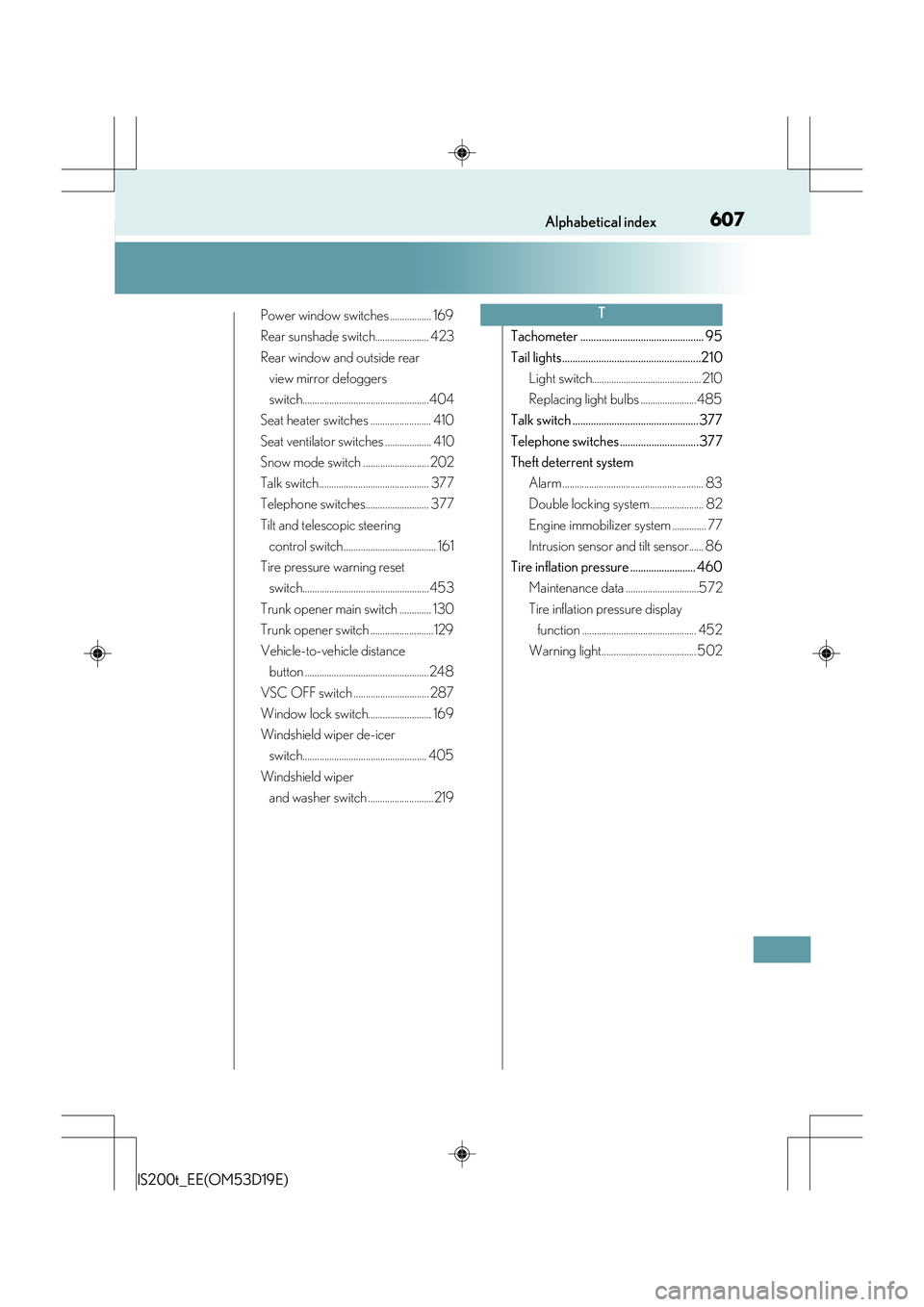 Lexus IS200t 2015  Owners Manual 607Alphabetical index
IS200t_EE(OM53D19E)
Power window switches ................. 169
Rear sunshade switch...................... 423
Rear window and outside rear view mirror defoggers 
switch.........
