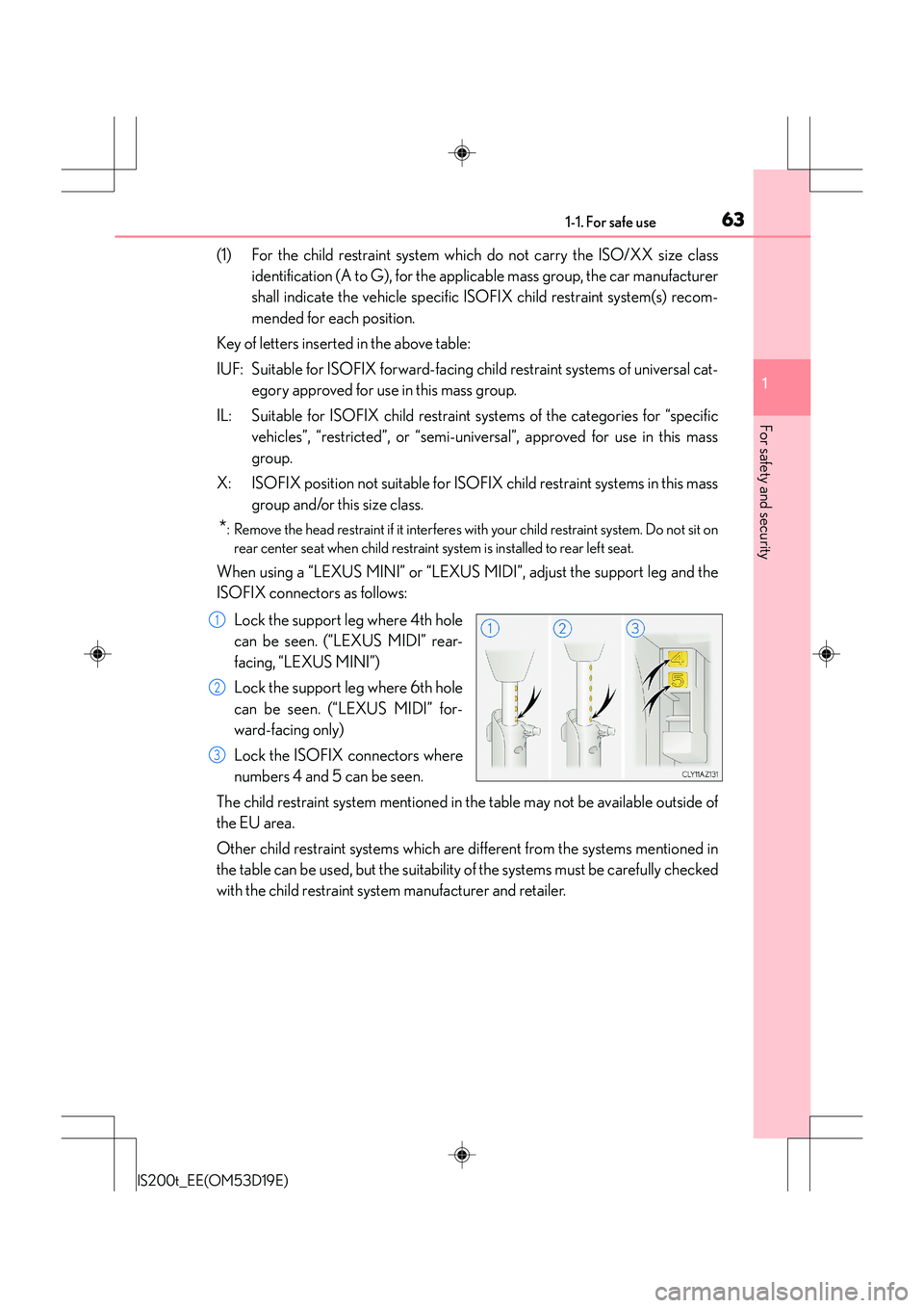 Lexus IS200t 2015 Owners Manual 631-1. For safe use
1
For safety and security
IS200t_EE(OM53D19E)
(1) For the child restraint system which do not carry the ISO/XX size classidentification (A to G), for the applicable mass group, the Lexus IS200t 2015 Owners Manual 631-1. For safe use
1
For safety and security
IS200t_EE(OM53D19E)
(1) For the child restraint system which do not carry the ISO/XX size classidentification (A to G), for the applicable mass group, the