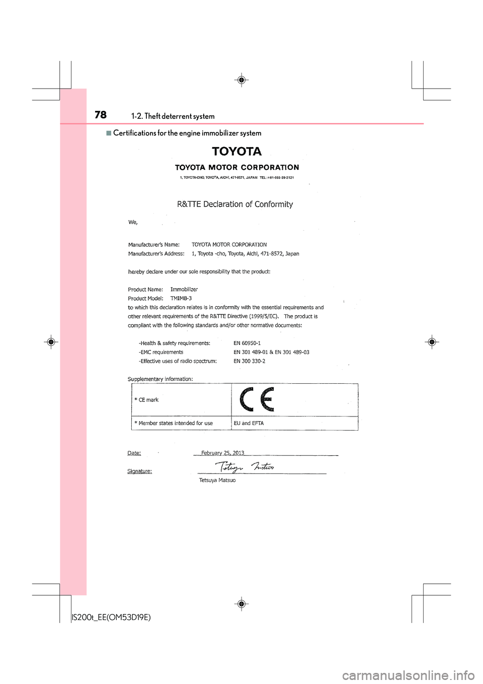 Lexus IS200t 2015 Manual PDF 781-2. Theft deterrent system
IS200t_EE(OM53D19E)
■Certifications for the engine immobilizer system 