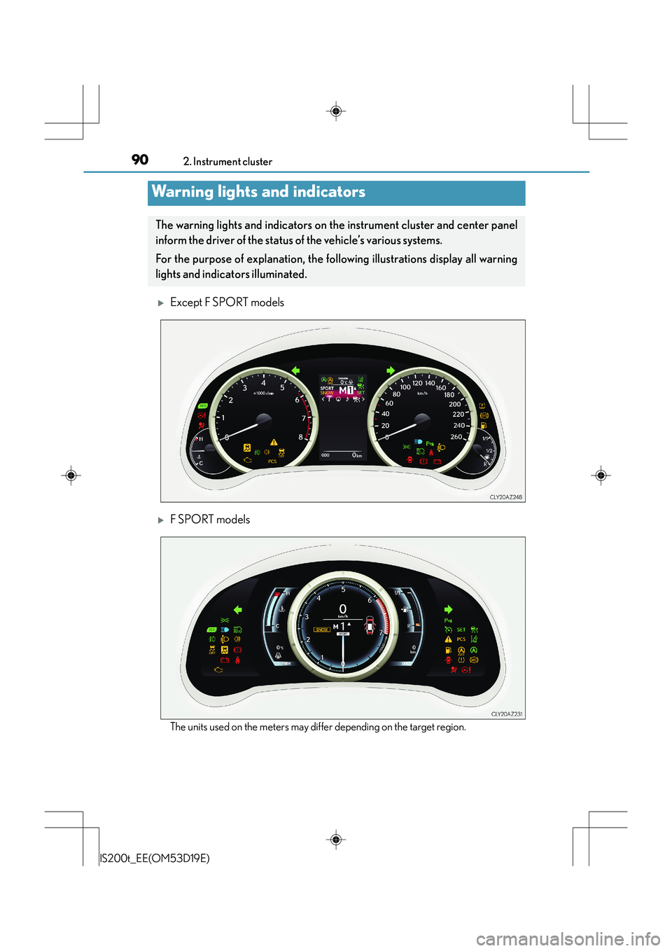 Lexus IS200t 2015 User Guide 90
IS200t_EE(OM53D19E)2. Instrument cluster
�XExcept F SPORT models
�XF SPORT models
The units used on the meters may differ depending on the target region.
Warning lights and indicators
The warning l