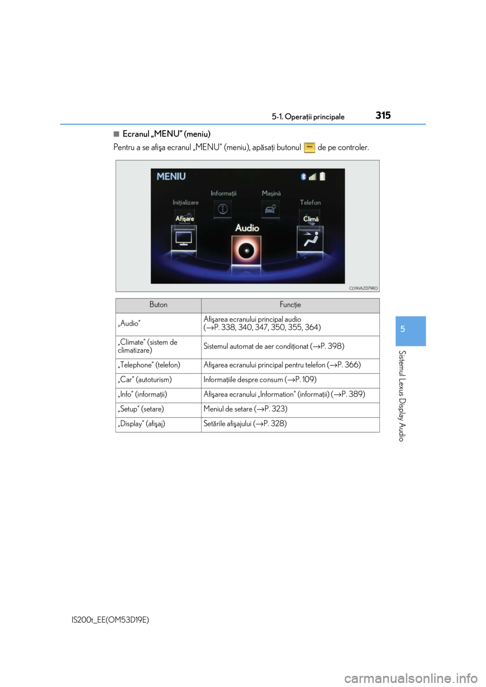 Lexus IS200t 2015  Manualul de utilizare (in Romanian) 3155-1. Operaþii principale
5
Sistemul Lexus Display Audio
IS200t_EE(OM53D19E)
■Ecranul „MENU” (meniu)
Pentru a se afiºa ecranul „MENU” (meniu), apãsaþi butonul  de pe controler.
ButonFu