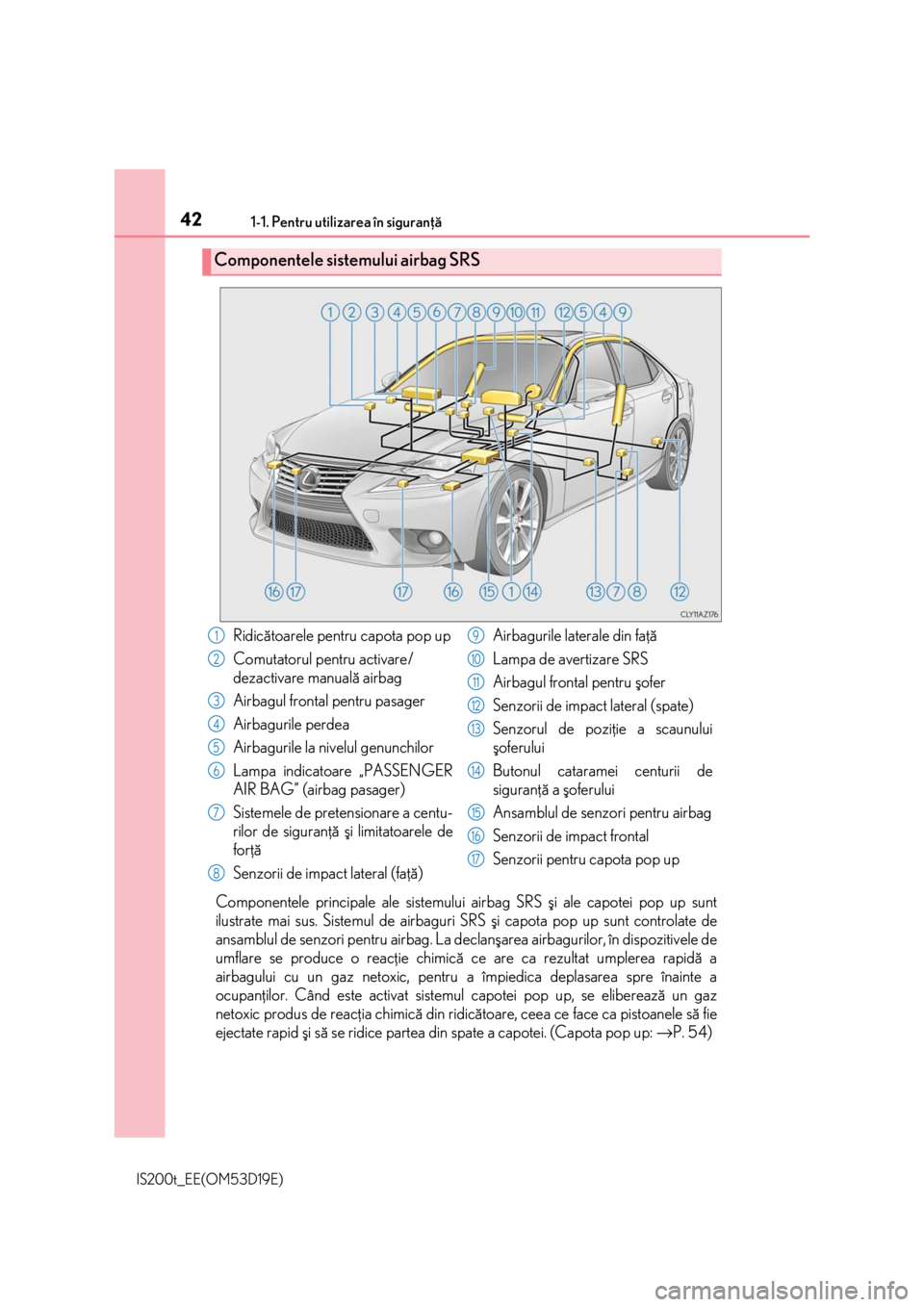 Lexus IS200t 2015  Manualul de utilizare (in Romanian) 421-1. Pentru utilizarea în siguranþã
IS200t_EE(OM53D19E)
Componentele principale ale sistemului airbag SRS ºi ale capotei pop up sunt
ilustrate mai sus. Sistemul de airbaguri SRS ºi capota pop u