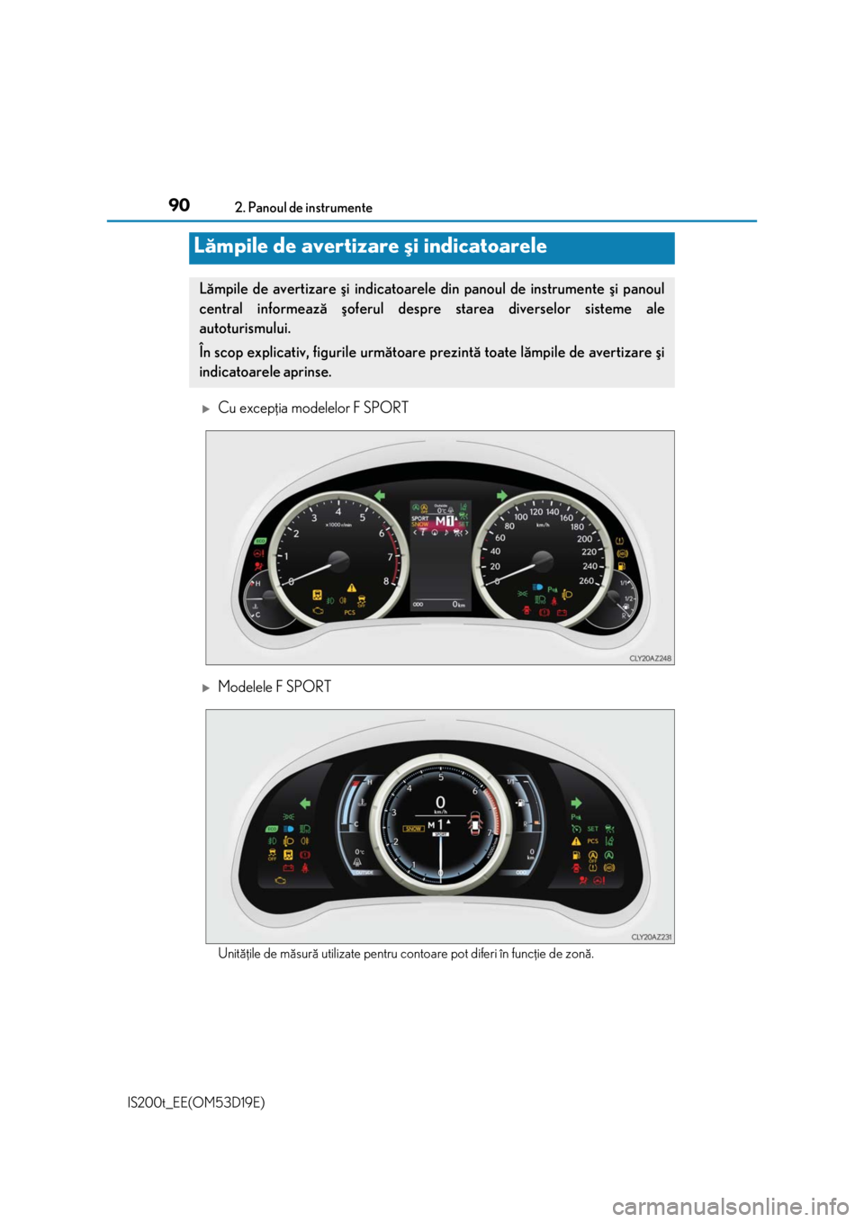 Lexus IS200t 2015 Manualul de utilizare (in Romanian) 90
IS200t_EE(OM53D19E)2. Panoul de instrumente
Cu excepþia modelelor F SPORT
Modelele F SPORT
Unitãþile de mãsurã utilizate pentru contoare pot diferi în funcþie de zonã.
Lãmpile de ave Lexus IS200t 2015 Manualul de utilizare (in Romanian) 90
IS200t_EE(OM53D19E)2. Panoul de instrumente
Cu excepþia modelelor F SPORT
Modelele F SPORT
Unitãþile de mãsurã utilizate pentru contoare pot diferi în funcþie de zonã.
Lãmpile de ave