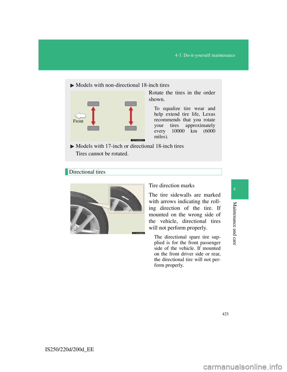 Lexus IS220d 2012 Owners Guide 423
4-3. Do-it-yourself maintenance
4
Maintenance and care
IS250/220d/200d_EE
Directional tires
Tire direction marks
The tire sidewalls are marked
with arrows indicating the roll-
ing direction of the Lexus IS220d 2012 Owners Guide 423
4-3. Do-it-yourself maintenance
4
Maintenance and care
IS250/220d/200d_EE
Directional tires
Tire direction marks
The tire sidewalls are marked
with arrows indicating the roll-
ing direction of the