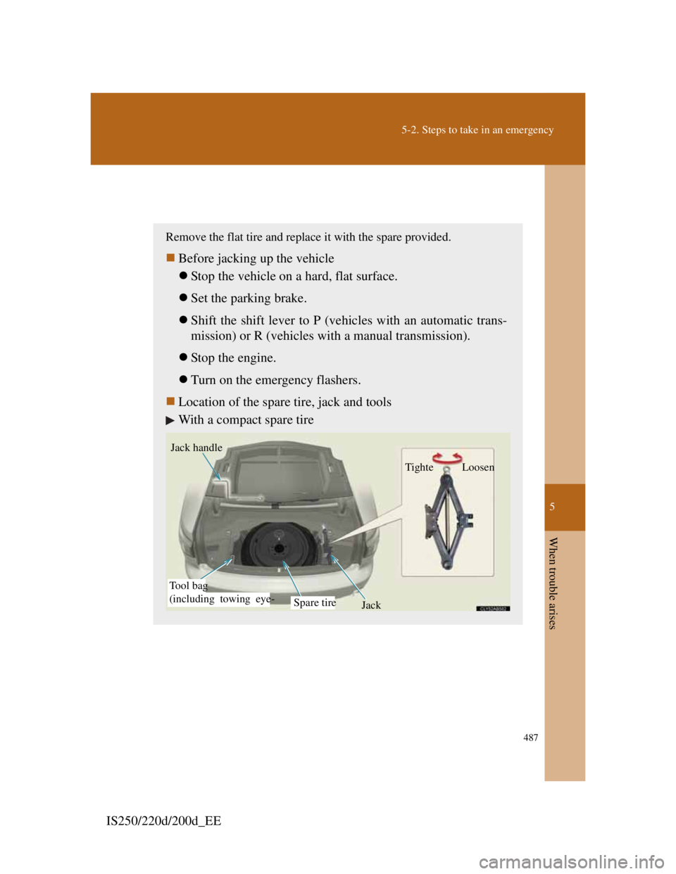 Lexus IS220d 2012  Owners Manual 5
487
5-2. Steps to take in an emergency
When trouble arises
IS250/220d/200d_EE
If you have a flat tire (vehicles with a spare tire)
Remove the flat tire and replace it with the spare provided.
Bef