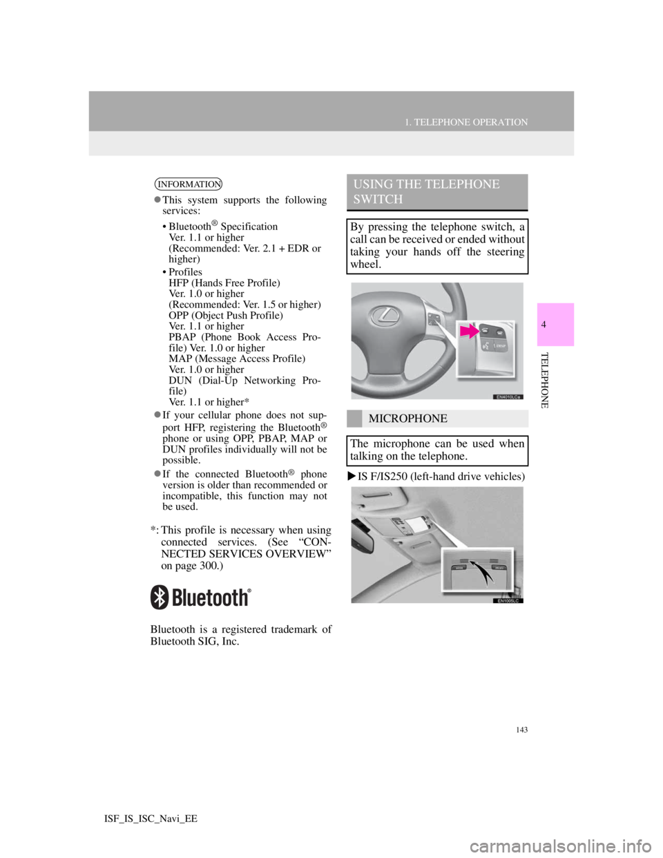 Lexus IS220d 2012 Navigation manual 143
1. TELEPHONE OPERATION
4
TELEPHONE
ISF_IS_ISC_Navi_EE
*: This profile is necessary when using
connected services. (See “CON-
NECTED SERVICES OVERVIEW”
on page 300.)
Bluetooth is a registered t Lexus IS220d 2012 Navigation manual 143
1. TELEPHONE OPERATION
4
TELEPHONE
ISF_IS_ISC_Navi_EE
*: This profile is necessary when using
connected services. (See “CON-
NECTED SERVICES OVERVIEW”
on page 300.)
Bluetooth is a registered t