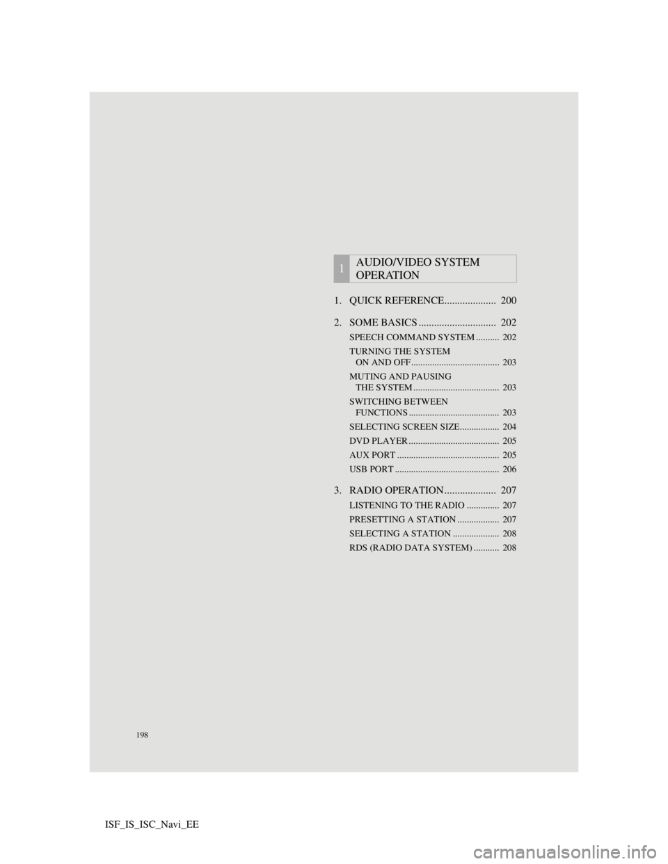 Lexus IS220d 2012 Navigation manual 198
ISF_IS_ISC_Navi_EE1. QUICK REFERENCE.................... 200
2. SOME BASICS .............................. 202
SPEECH COMMAND SYSTEM .......... 202
TURNING THE SYSTEM
ON AND OFF............... Lexus IS220d 2012 Navigation manual 198
ISF_IS_ISC_Navi_EE1. QUICK REFERENCE.................... 200
2. SOME BASICS .............................. 202
SPEECH COMMAND SYSTEM .......... 202
TURNING THE SYSTEM
ON AND OFF...............