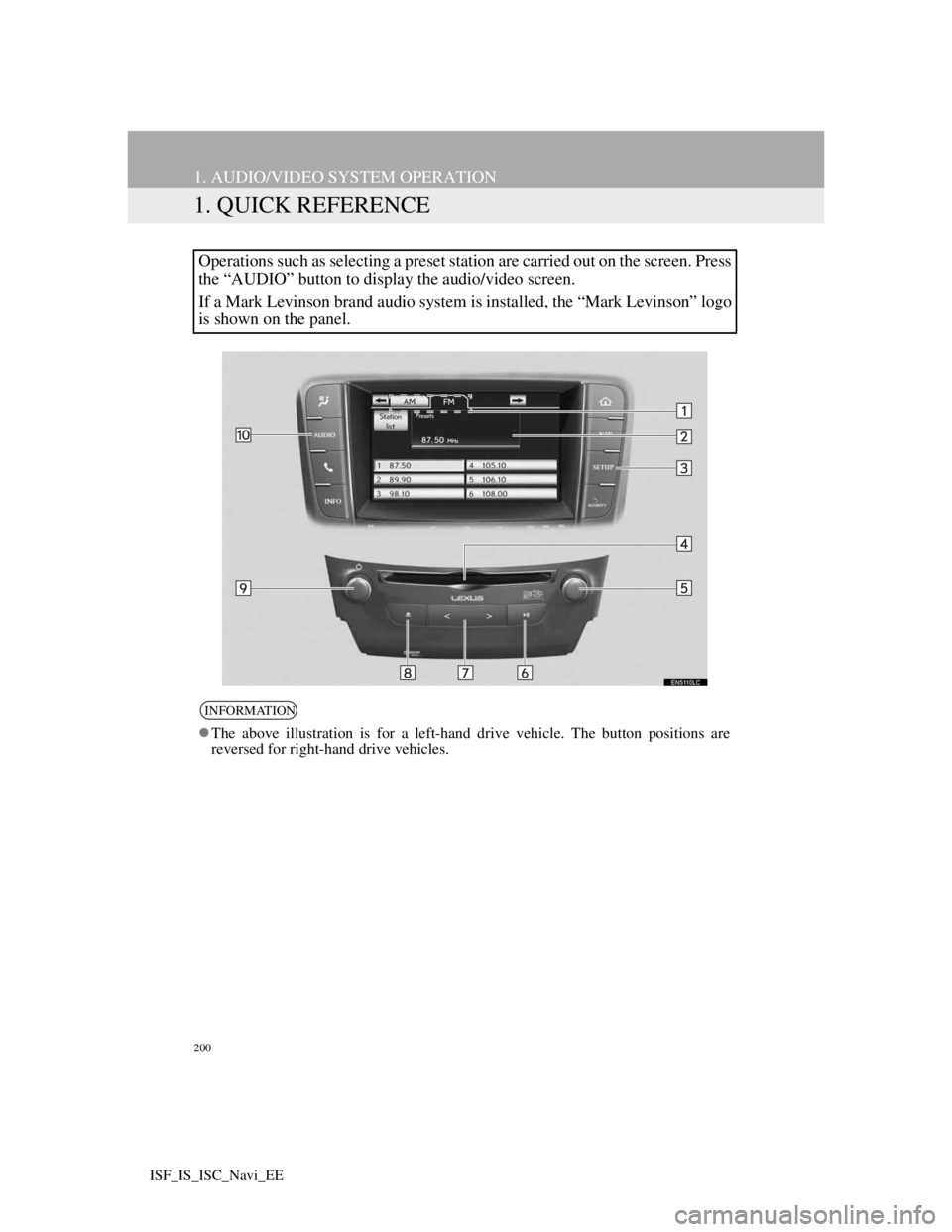 Lexus IS220d 2012 Navigation manual 200
ISF_IS_ISC_Navi_EE
1. AUDIO/VIDEO SYSTEM OPERATION
1. QUICK REFERENCE
Operations such as selecting a preset station are carried out on the screen. Press
the “AUDIO” button to display the audio Lexus IS220d 2012 Navigation manual 200
ISF_IS_ISC_Navi_EE
1. AUDIO/VIDEO SYSTEM OPERATION
1. QUICK REFERENCE
Operations such as selecting a preset station are carried out on the screen. Press
the “AUDIO” button to display the audio
