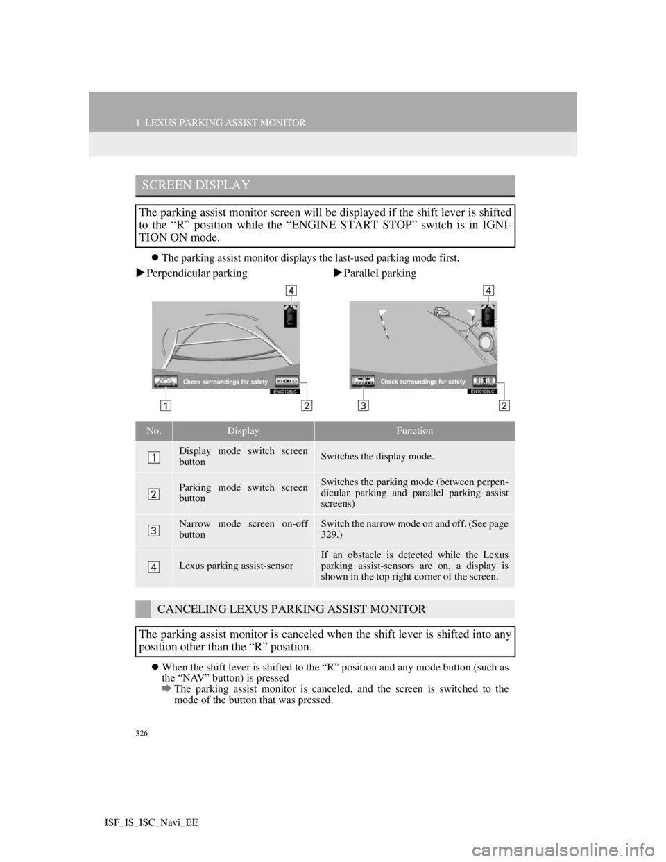 Lexus IS220d 2012  Navigation manual 326
1. LEXUS PARKING ASSIST MONITOR
ISF_IS_ISC_Navi_EE
The parking assist monitor displays the last-used parking mode first.
Perpendicular parkingParallel parking
When the shift lever is s