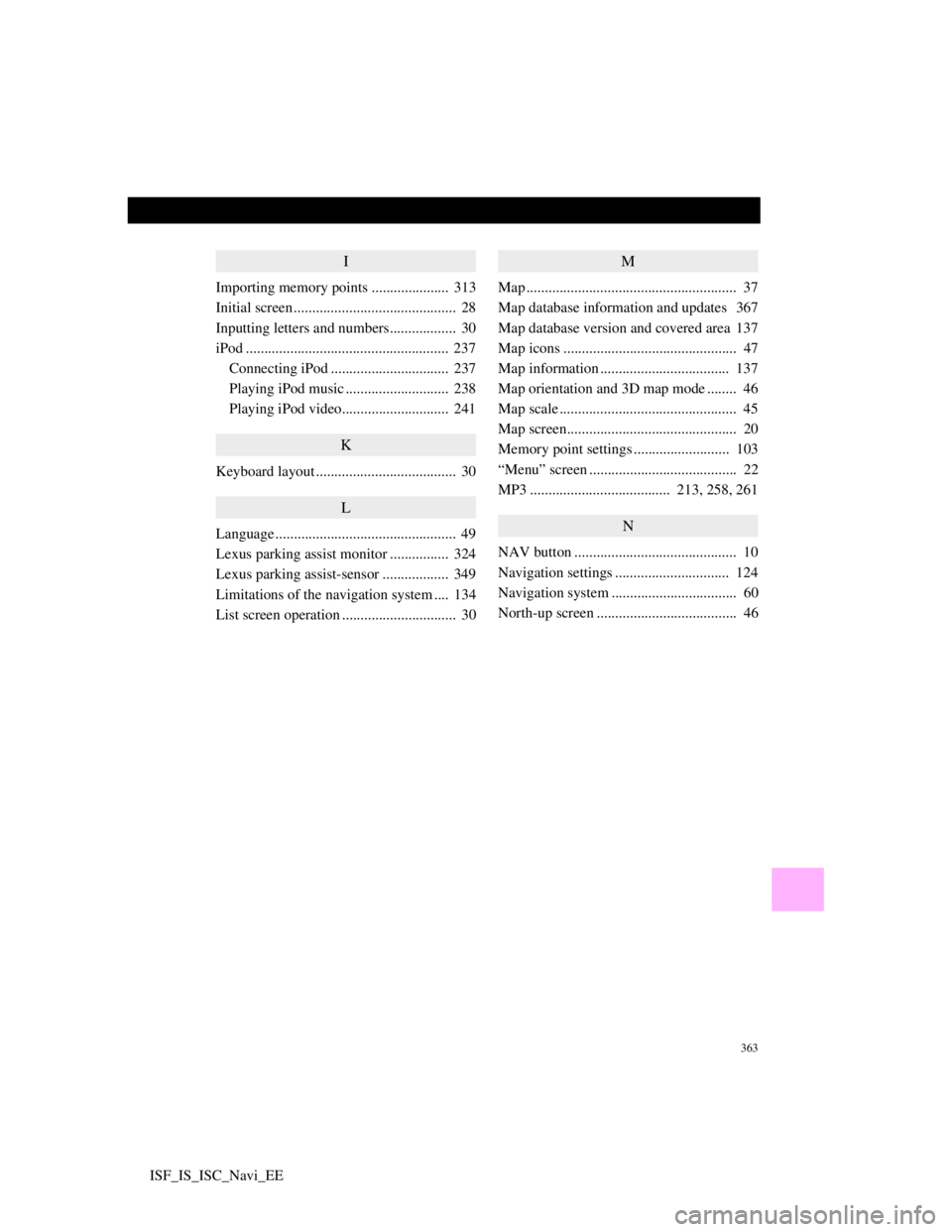 Lexus IS220d 2012  Navigation manual 363
ISF_IS_ISC_Navi_EE
I
Importing memory points .....................  313
Initial screen ............................................  28
Inputting letters and numbers..................  30
iPod ...