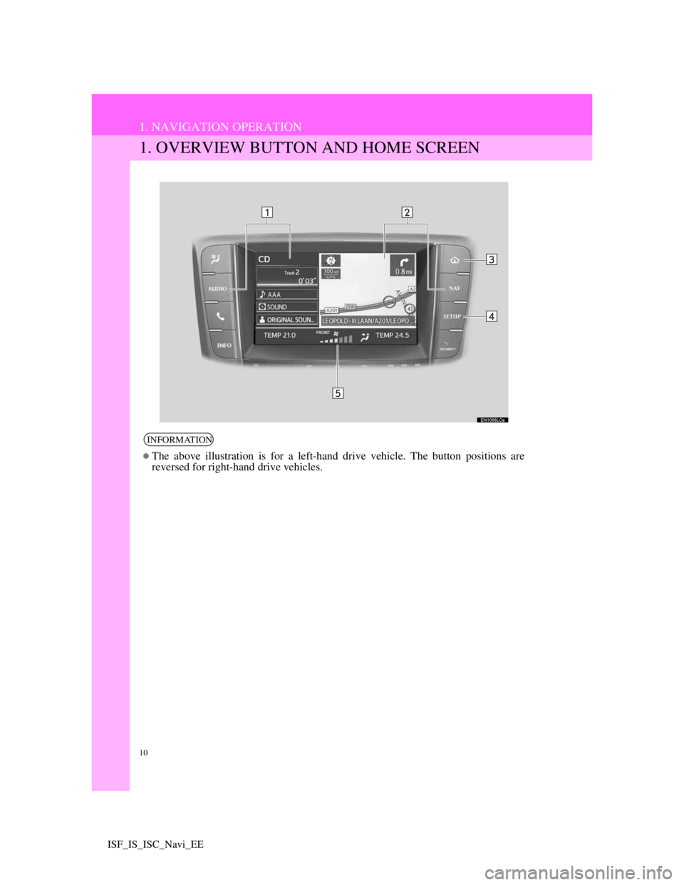 Lexus IS220d 2012  Navigation manual 10
ISF_IS_ISC_Navi_EE
1. NAVIGATION OPERATION
1. OVERVIEW BUTTON AND HOME SCREEN
INFORMATION
The above illustration is for a left-hand drive vehicle. The button positions are
reversed for right-han