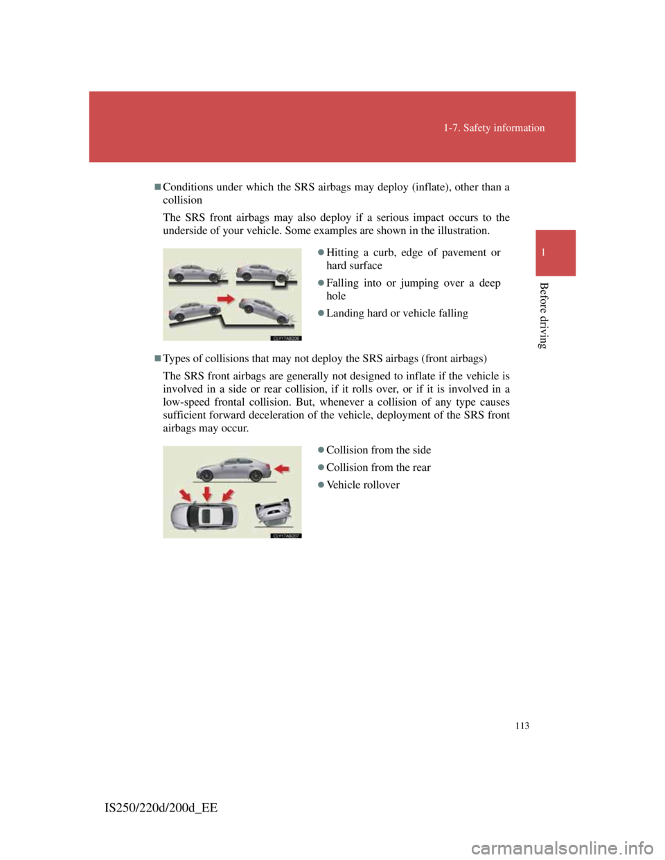 Lexus IS220d 2011 Owners Manual 113
1-7. Safety information
1
Before driving
IS250/220d/200d_EE
Conditions under which the SRS airbags may deploy (inflate), other than a
collision
The SRS front airbags may also deploy if a seriou Lexus IS220d 2011 Owners Manual 113
1-7. Safety information
1
Before driving
IS250/220d/200d_EE
Conditions under which the SRS airbags may deploy (inflate), other than a
collision
The SRS front airbags may also deploy if a seriou