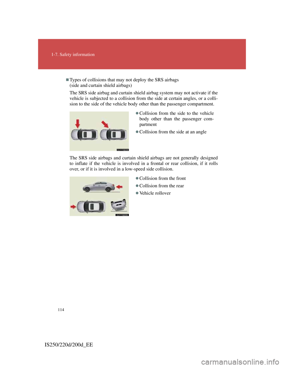 Lexus IS220d 2011 Owners Manual 114
1-7. Safety information
IS250/220d/200d_EE
Types of collisions that may not deploy the SRS airbags
(side and curtain shield airbags)
The SRS side airbag and curtain shield airbag system may no Lexus IS220d 2011 Owners Manual 114
1-7. Safety information
IS250/220d/200d_EE
Types of collisions that may not deploy the SRS airbags
(side and curtain shield airbags)
The SRS side airbag and curtain shield airbag system may no