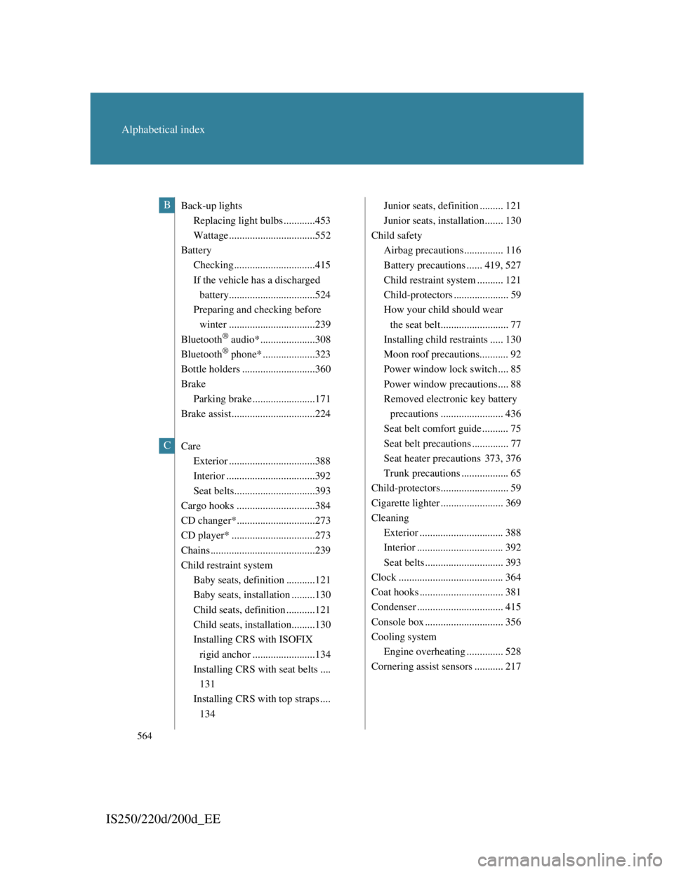 Lexus IS220d 2011 User Guide 564
Alphabetical index
IS250/220d/200d_EE
Back-up lights
Replacing light bulbs ............453
Wattage .................................552
Battery
Checking ...............................415
If the v