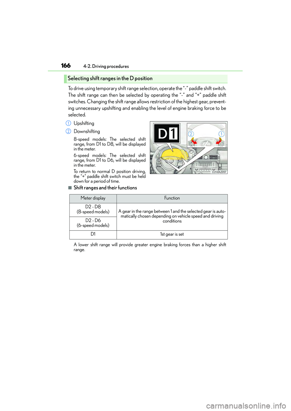 Lexus IS250 2015 Owners Guide 1664-2. Driving procedures
IS350/250_U (OM53C50U)
To drive using temporary shift range selection, operate the “-” paddle shift switch.
The shift range can then be selected by operating the “-” Lexus IS250 2015 Owners Guide 1664-2. Driving procedures
IS350/250_U (OM53C50U)
To drive using temporary shift range selection, operate the “-” paddle shift switch.
The shift range can then be selected by operating the “-”