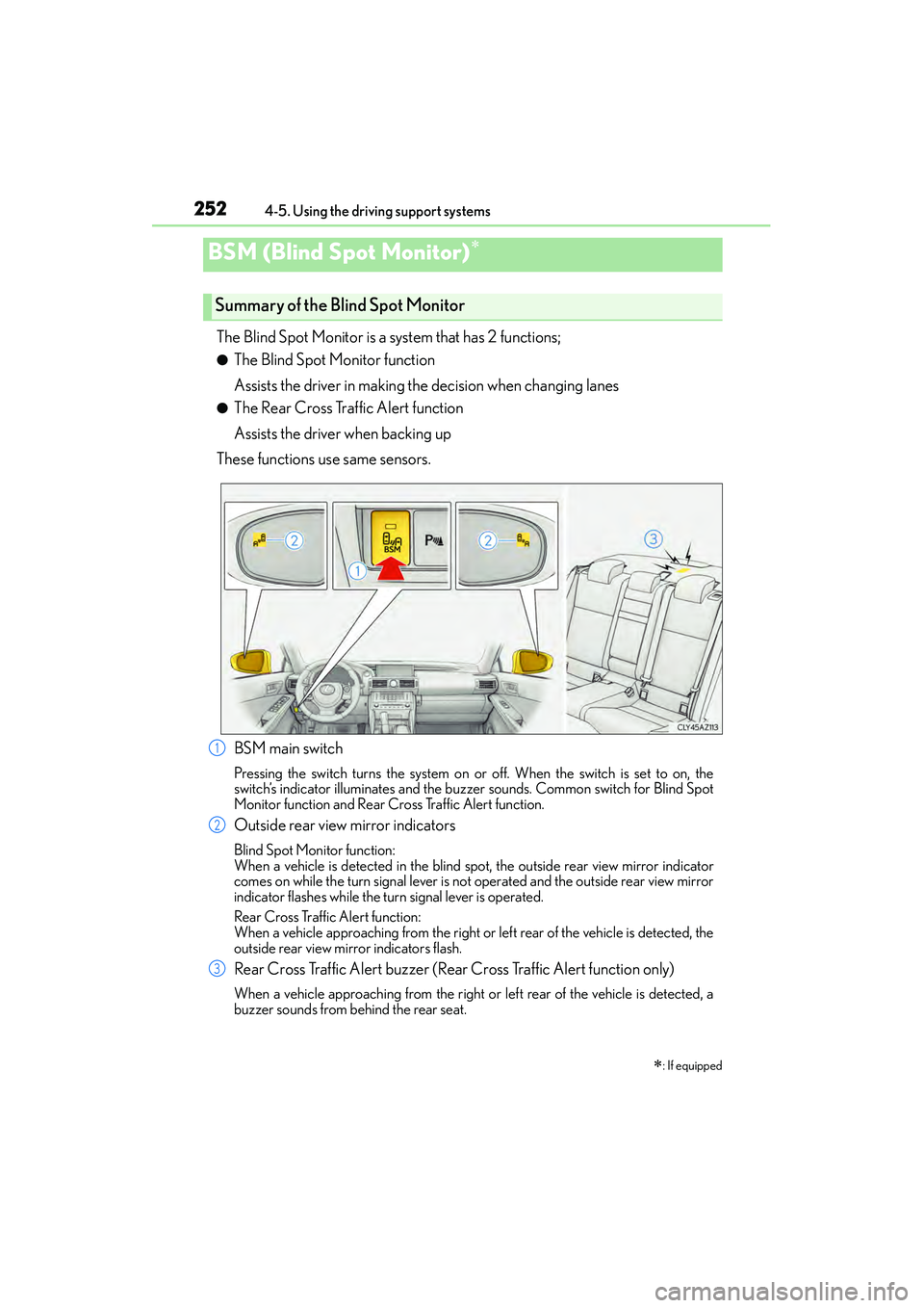 Lexus IS250 2015  Owners Manual 2524-5. Using the driving support systems
IS350/250_U (OM53C50U)
The Blind Spot Monitor is a system that has 2 functions;
●The Blind Spot Monitor function
Assists the driver in making the decision w