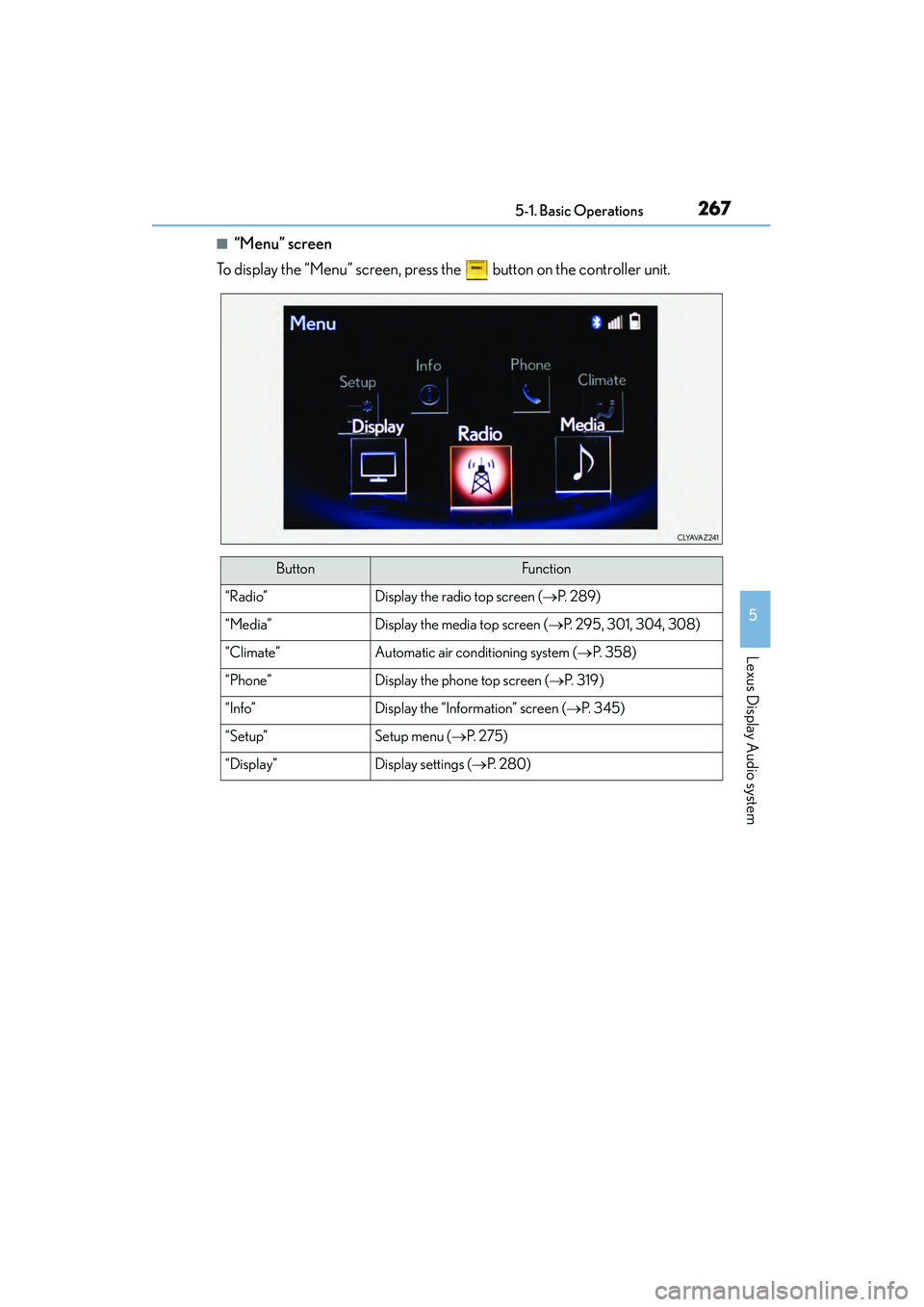 Lexus IS250 2015 Repair Manual 2675-1. Basic Operations
5
Lexus Display Audio system
IS350/250_U (OM53C50U)
■“Menu” screen
To display the “Menu” screen, press the button on the controller unit.
ButtonFunction
“Radio Lexus IS250 2015 Repair Manual 2675-1. Basic Operations
5
Lexus Display Audio system
IS350/250_U (OM53C50U)
■“Menu” screen
To display the “Menu” screen, press the button on the controller unit.
ButtonFunction
“Radio
