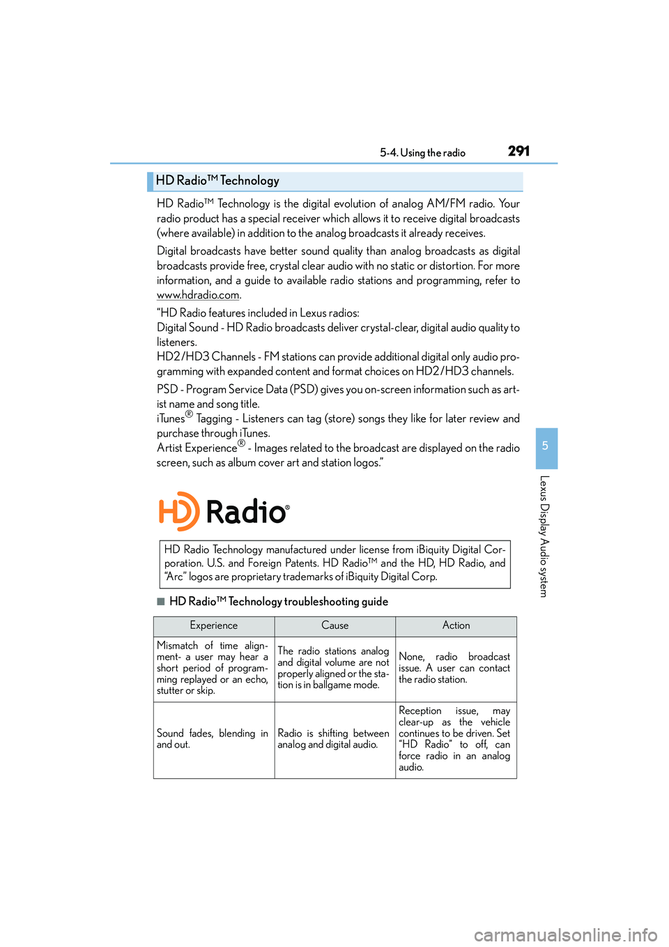 Lexus IS250 2015 Owners Manual 2915-4. Using the radio
5
Lexus Display Audio system
IS350/250_U (OM53C50U)
HD Radio™ Technology is the digital evolution of analog AM/FM radio. Your
radio product has a special receiver which allow Lexus IS250 2015 Owners Manual 2915-4. Using the radio
5
Lexus Display Audio system
IS350/250_U (OM53C50U)
HD Radio™ Technology is the digital evolution of analog AM/FM radio. Your
radio product has a special receiver which allow