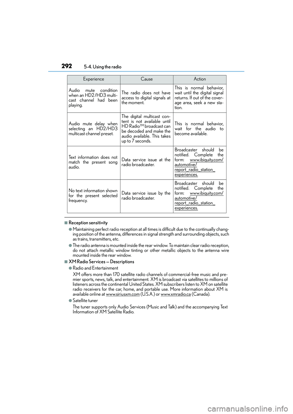 Lexus IS250 2015  Owners Manual 2925-4. Using the radio
IS350/250_U (OM53C50U)
■Reception sensitivity
●Maintaining perfect radio reception at all times is difficult due to the continually chang-
ing position of the antenna, diff