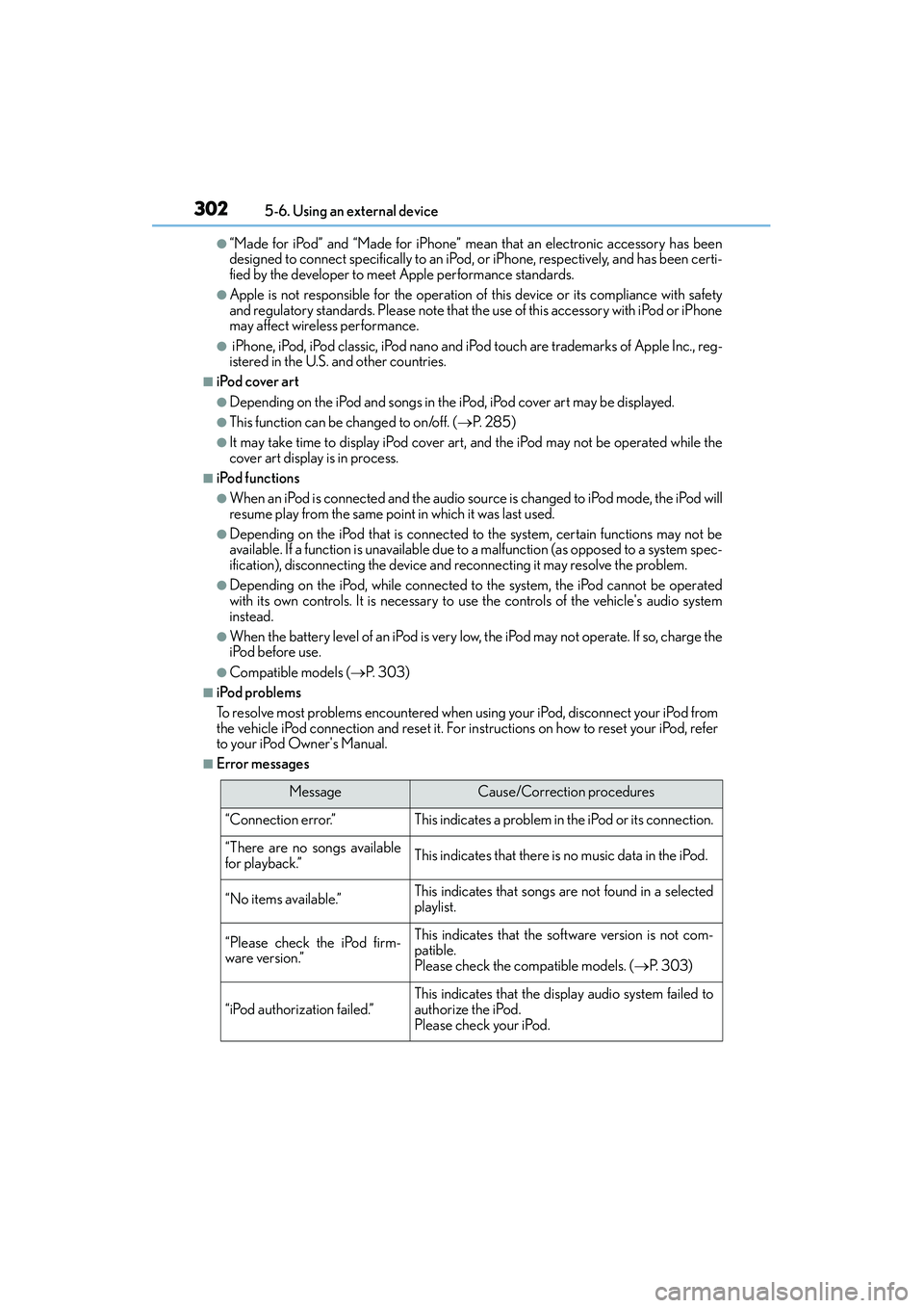 Lexus IS250 2015 Owners Guide 3025-6. Using an external device
IS350/250_U (OM53C50U)
●“Made for iPod” and “Made for iPhone” mean that an electronic accessory has been
designed to connect specifically to an iPod , or iPh